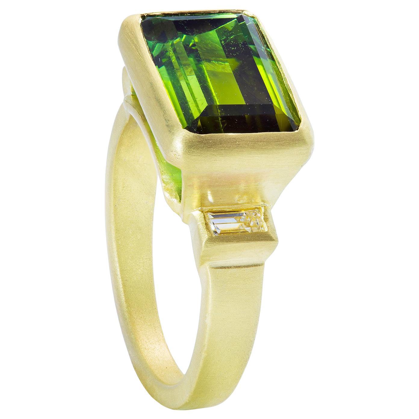 Faye Kim 5.10 Carat Emerald Cut Green Tourmaline and Diamond Ring in 18k Gold 
