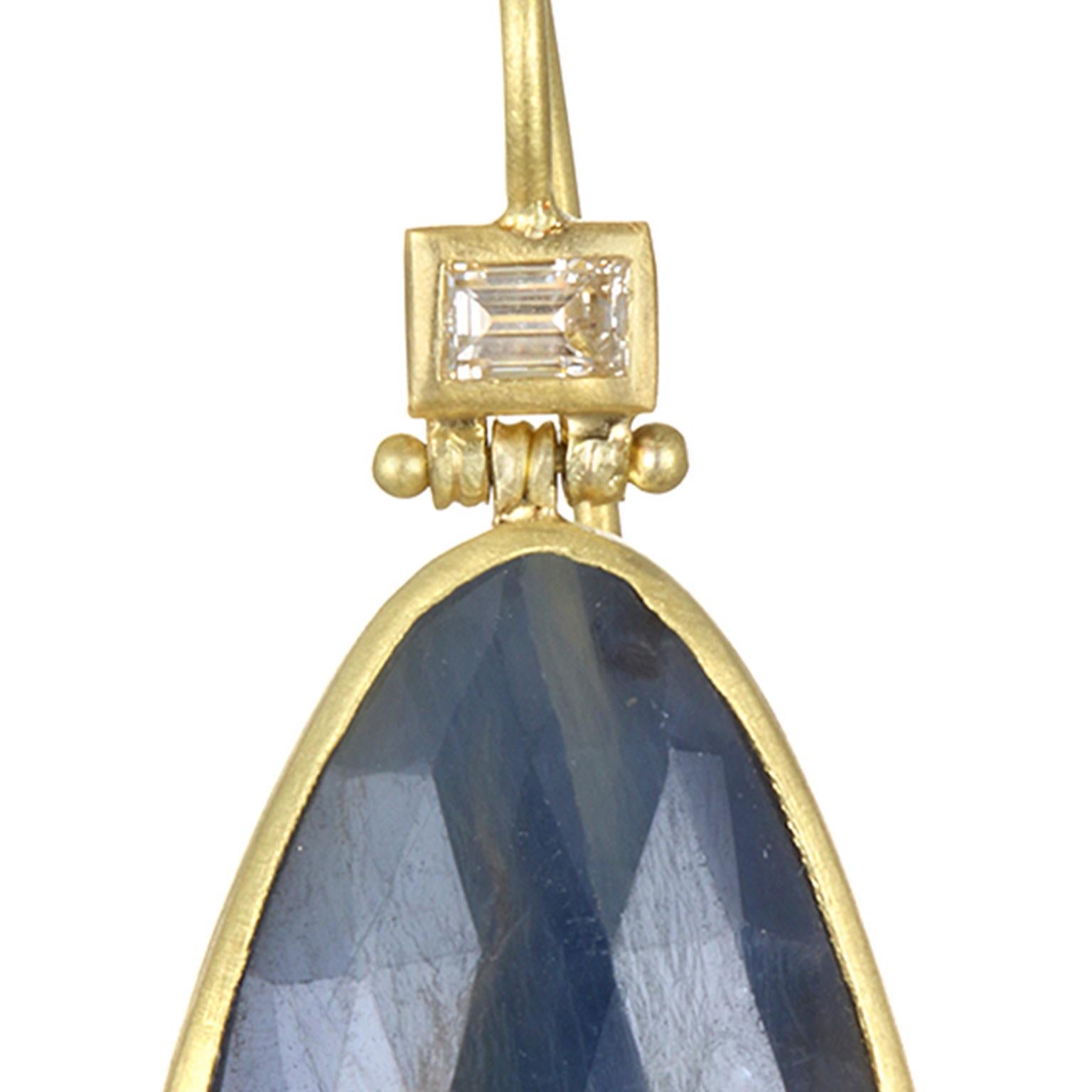 Baguette Cut Faye Kim Blue Sapphire Diamond Hinged Earrings