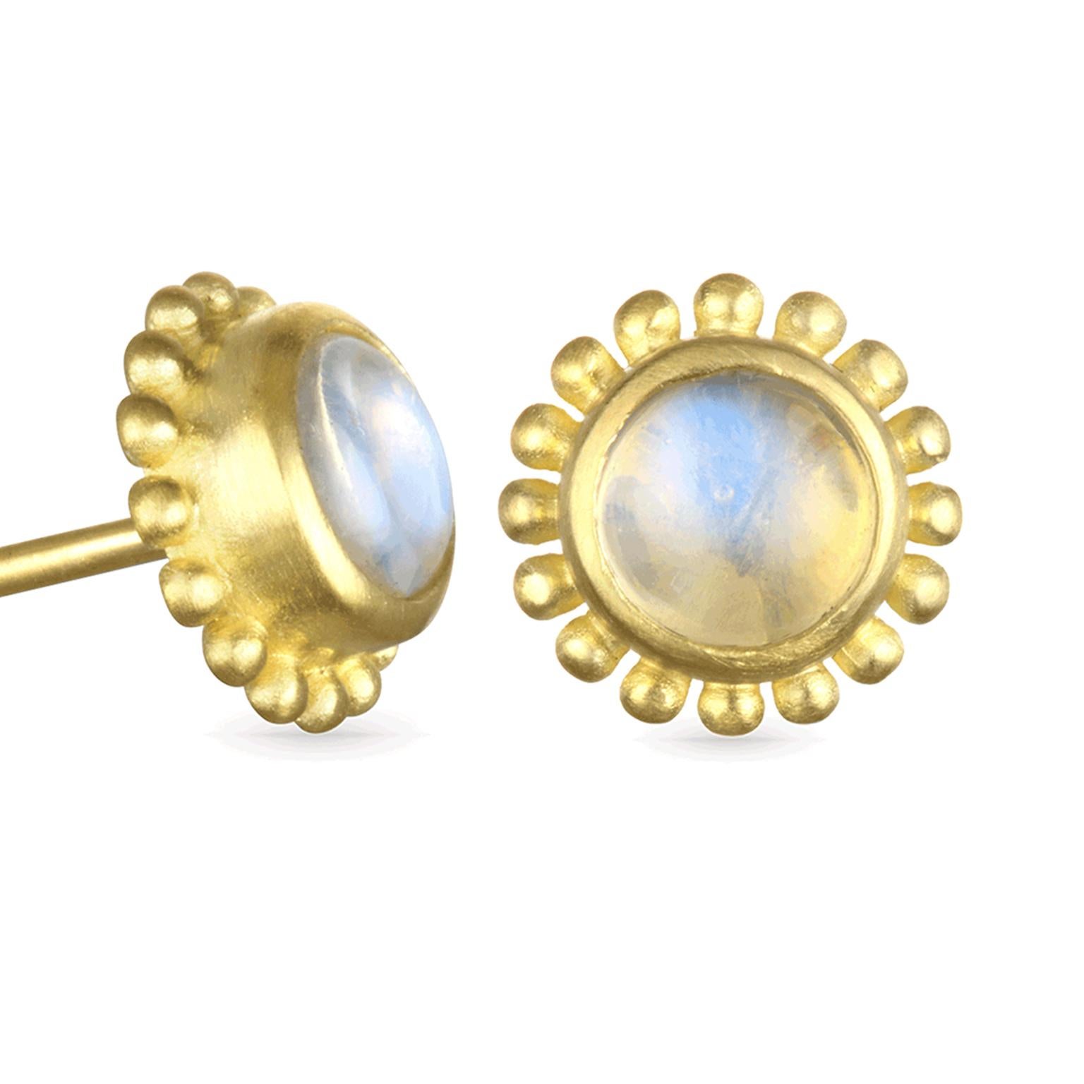 Contemporary Faye Kim Burmese Moonstone 18 Karat Gold Bezel Granulation Stud Earrings