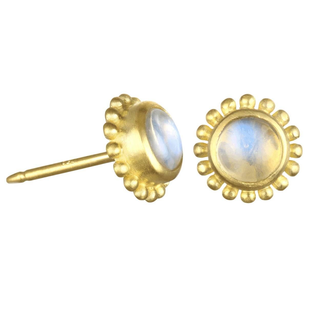 Faye Kim Burmese Moonstone 18 Karat Gold Bezel Granulation Stud Earrings