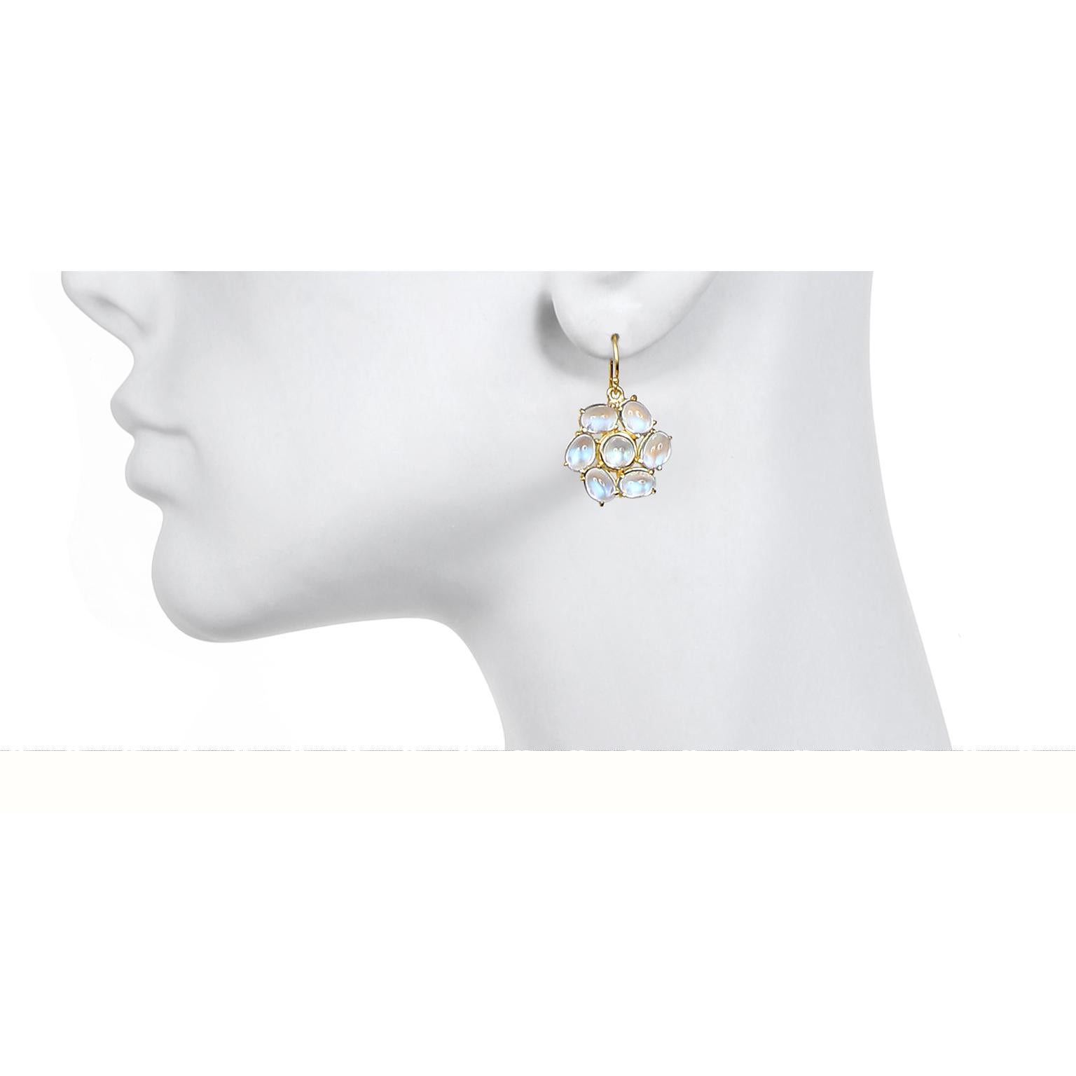 Even during broad daylight there will be a full moon glowing and emitting moonbeams from these beautiful 18k Gold Ceylon Moonstone Daisy Earrings.  Known for its adularescence, the inimitable blue flash from Ceylon moonstones adds to the overall