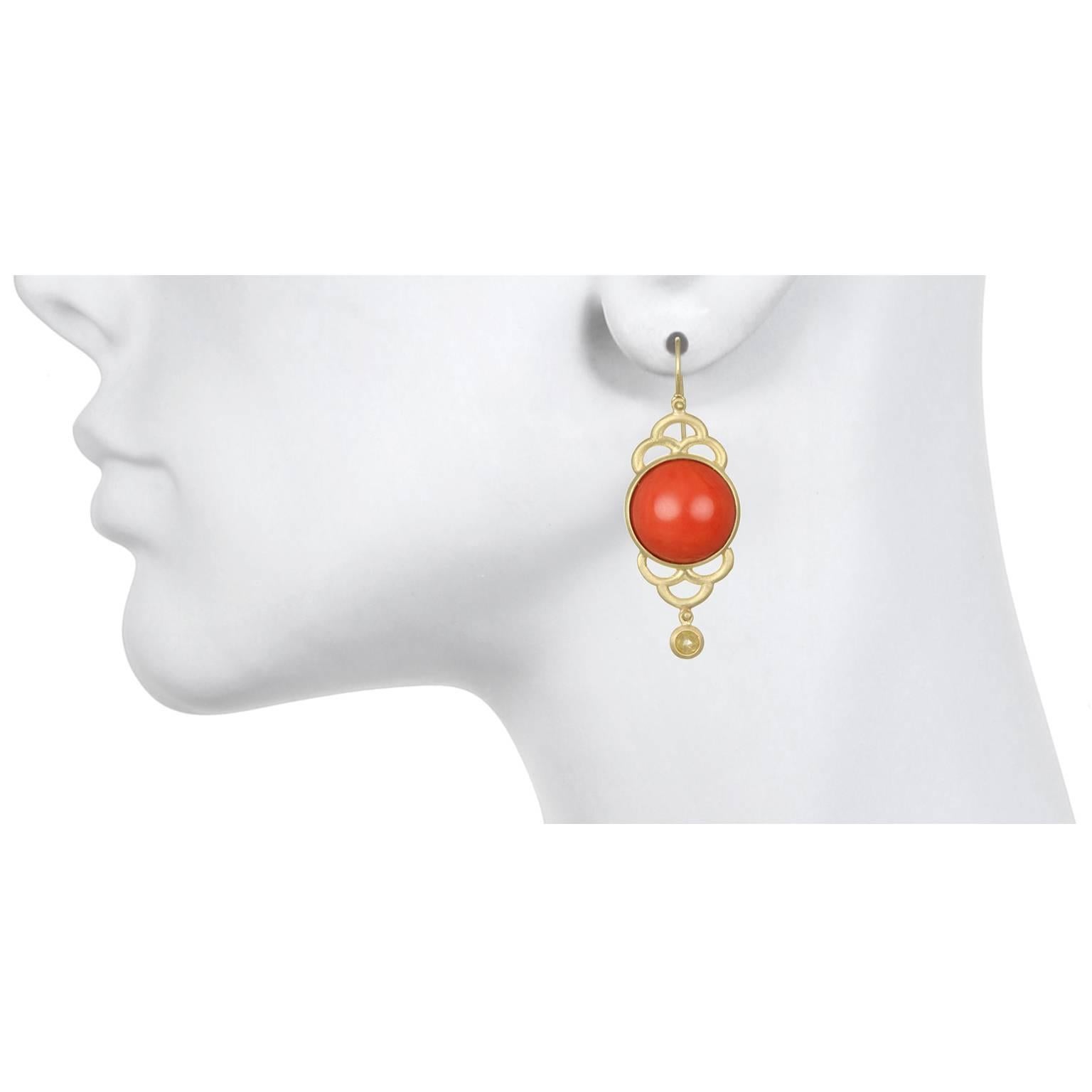 Women's Faye Kim 18k Gold Red Coral and Raw Diamond Scallop Drop Earrings For Sale