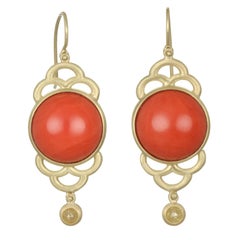 Faye Kim 18k Gold Red Coral and Raw Diamond Scallop Drop Earrings