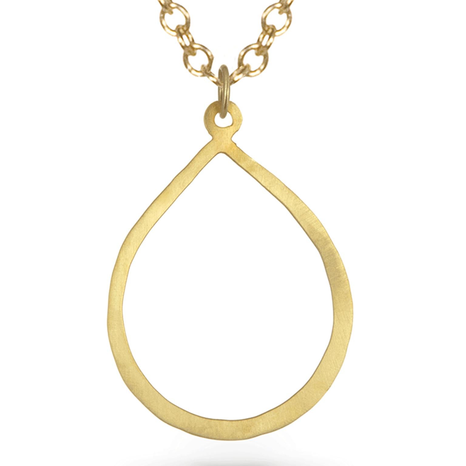 Simple, elegant and timeless - the tear drop shaped pendant is handmade in 18k Green* gold.  Matte finished and lightly hammered for added texture.  
2 inch long.   18k gold cable chain 16 inch -18 inch adjustable

Pendant ($465) and 
18k 1.5mm