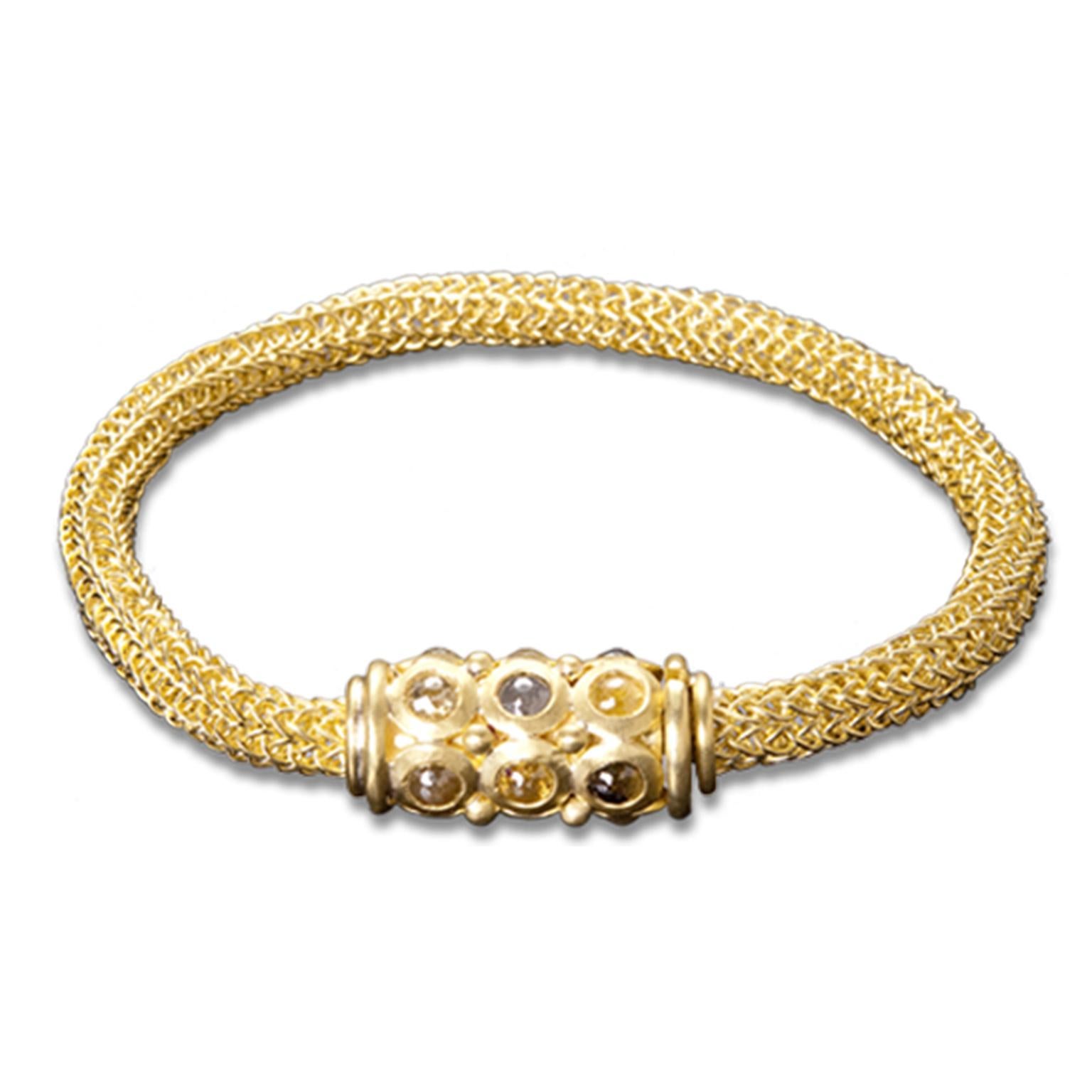 ONE OF A KIND

Combining the ancient craft of crocheting gold with a contemporary handmade motif that doubles as the clasp, results in the creation of wearable art.  The clasp is adorned with rose-cut raw diamonds adding sparkle and substance to the