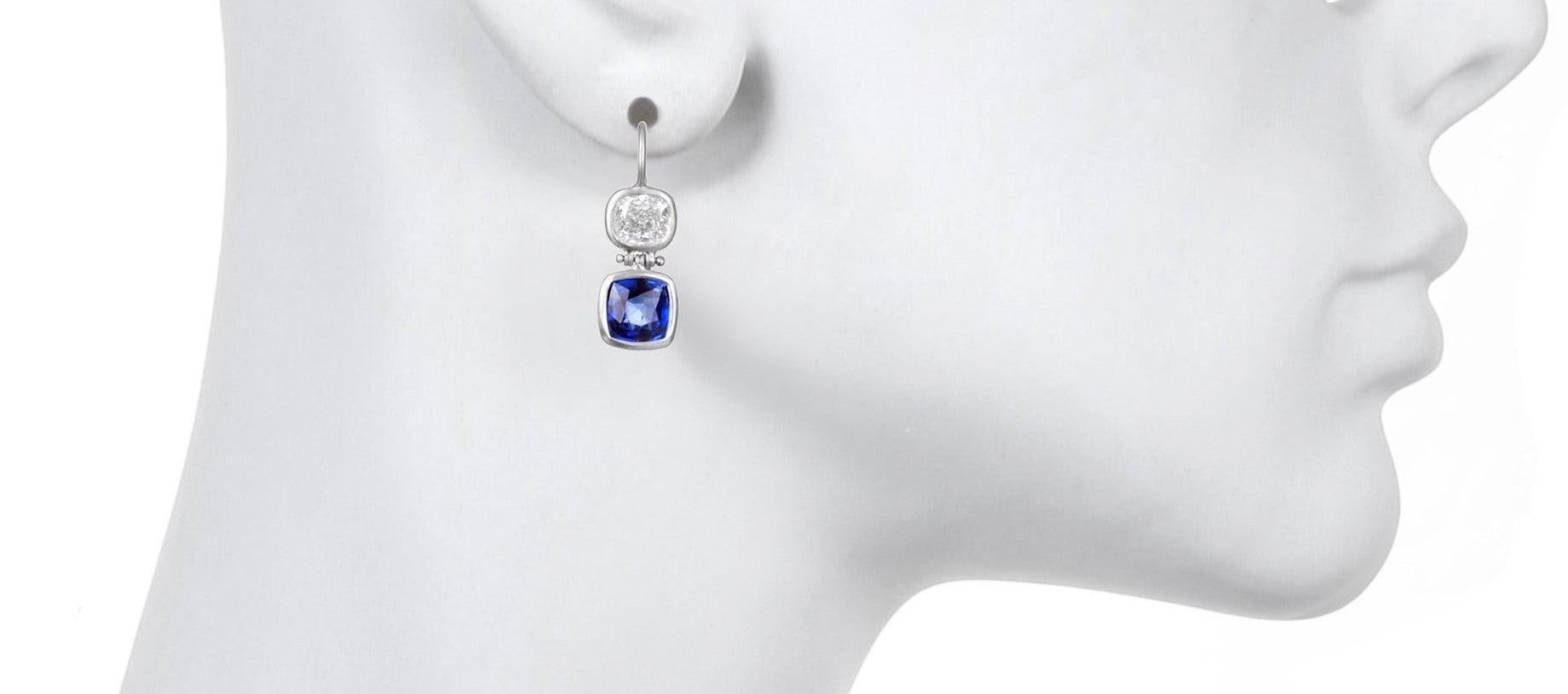 Cushion Cut Faye Kim Matte Platinum Diamond and Sapphire Double Hinged Earrings