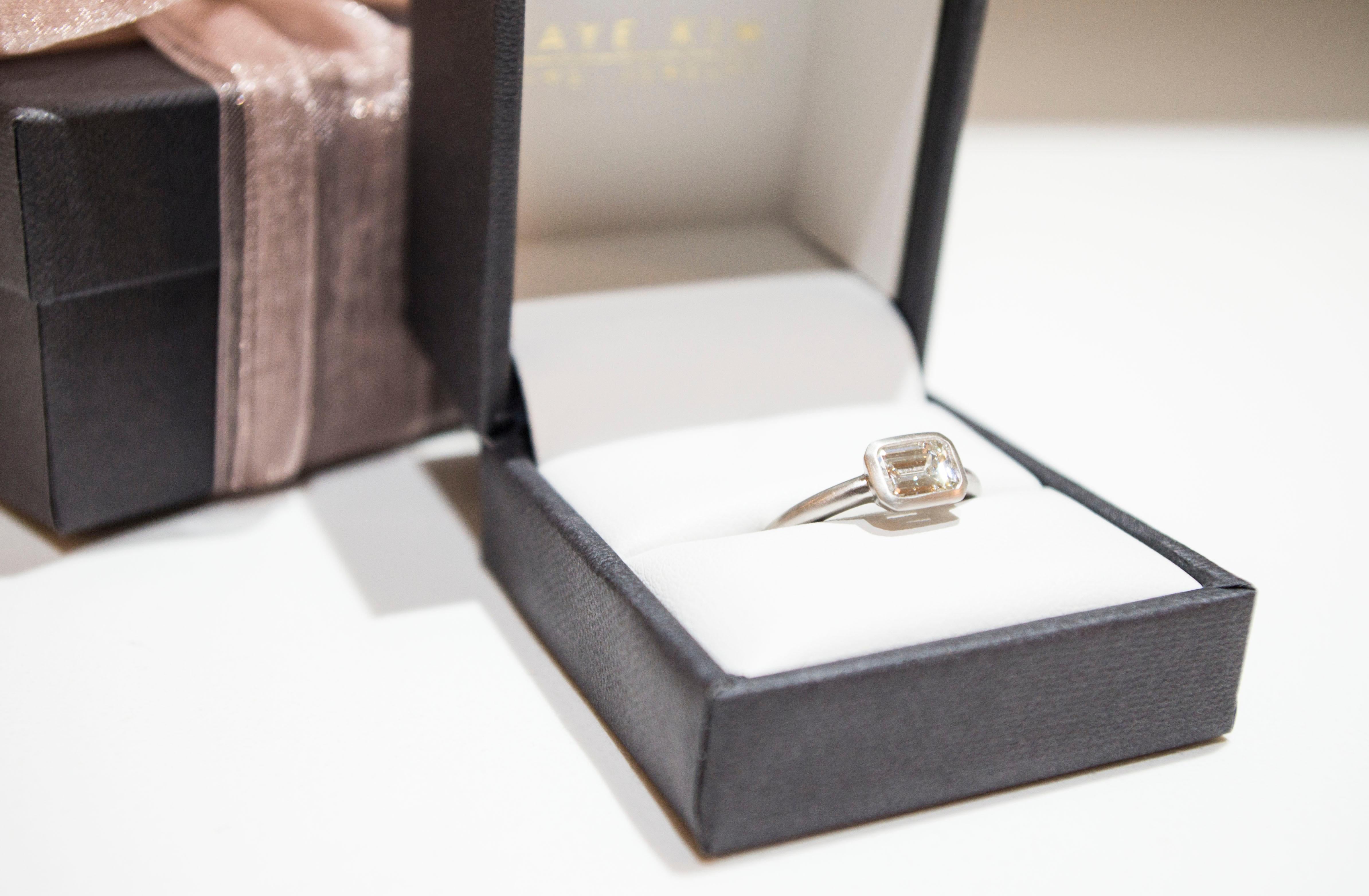 Contemporary Faye Kim Matte Platinum Diamond Emerald Cut Diamond Ring