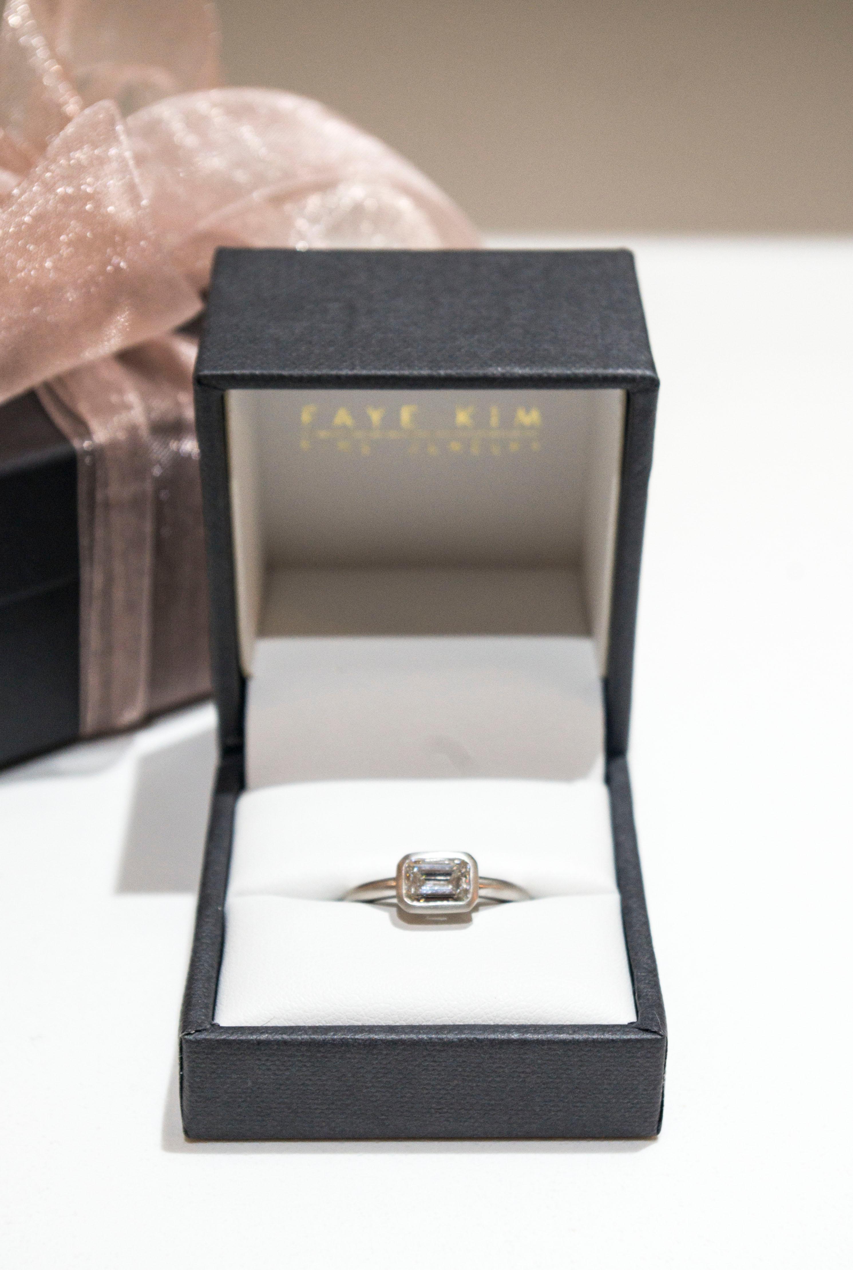 Faye Kim Matte Platinum Diamond Emerald Cut Diamond Ring In New Condition For Sale In Darien, CT