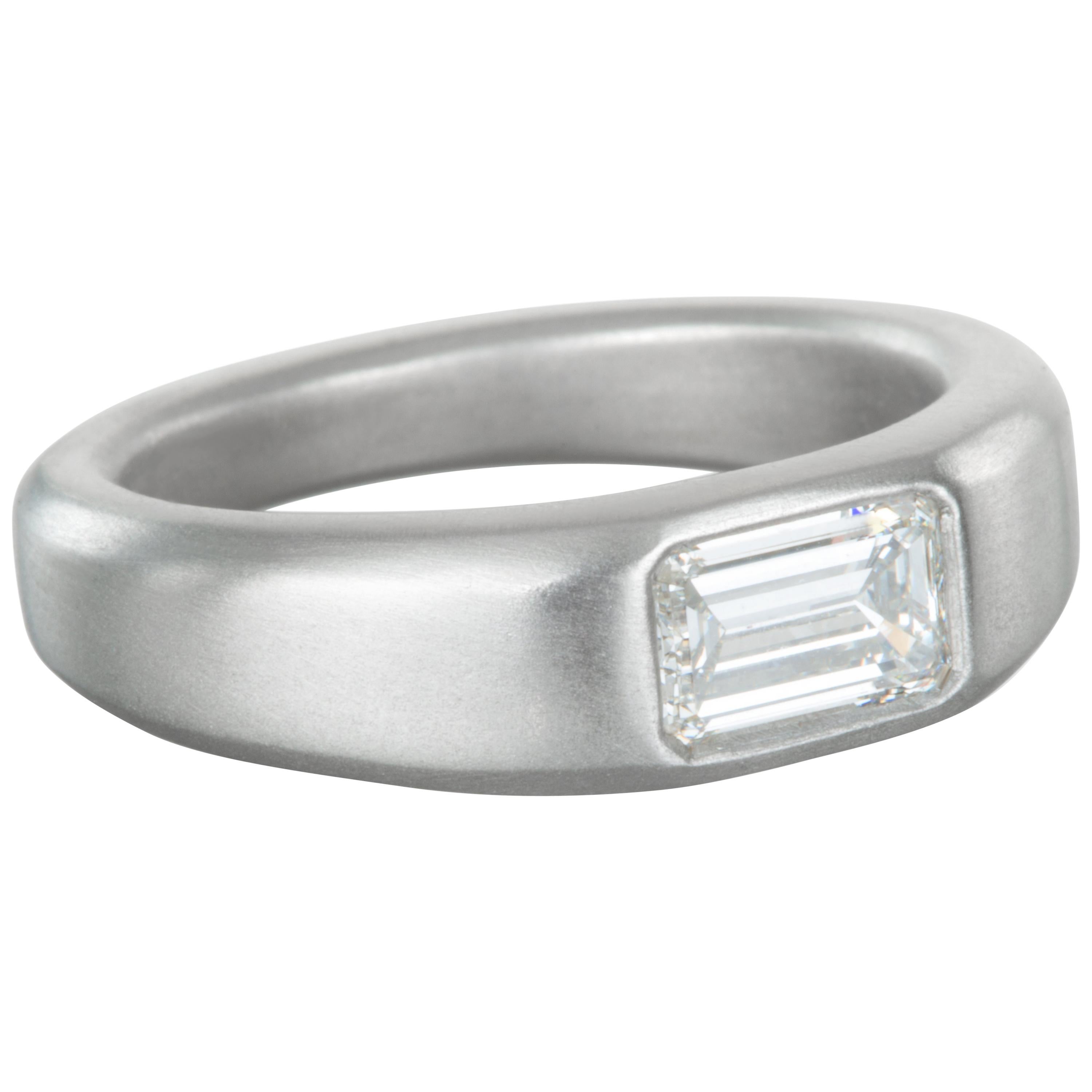 Faye Kim Matte Platinum Emerald Cut Diamond Ring For Sale