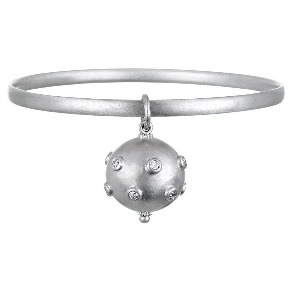 Faye Kim Matte Platinum Bangle Bracelet with Diamond Ball Charm
