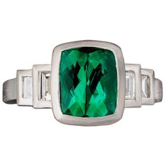 Faye Kim Platinum 3.0 Carat Blue-Green Tourmaline Ring with Diamond Baguettes