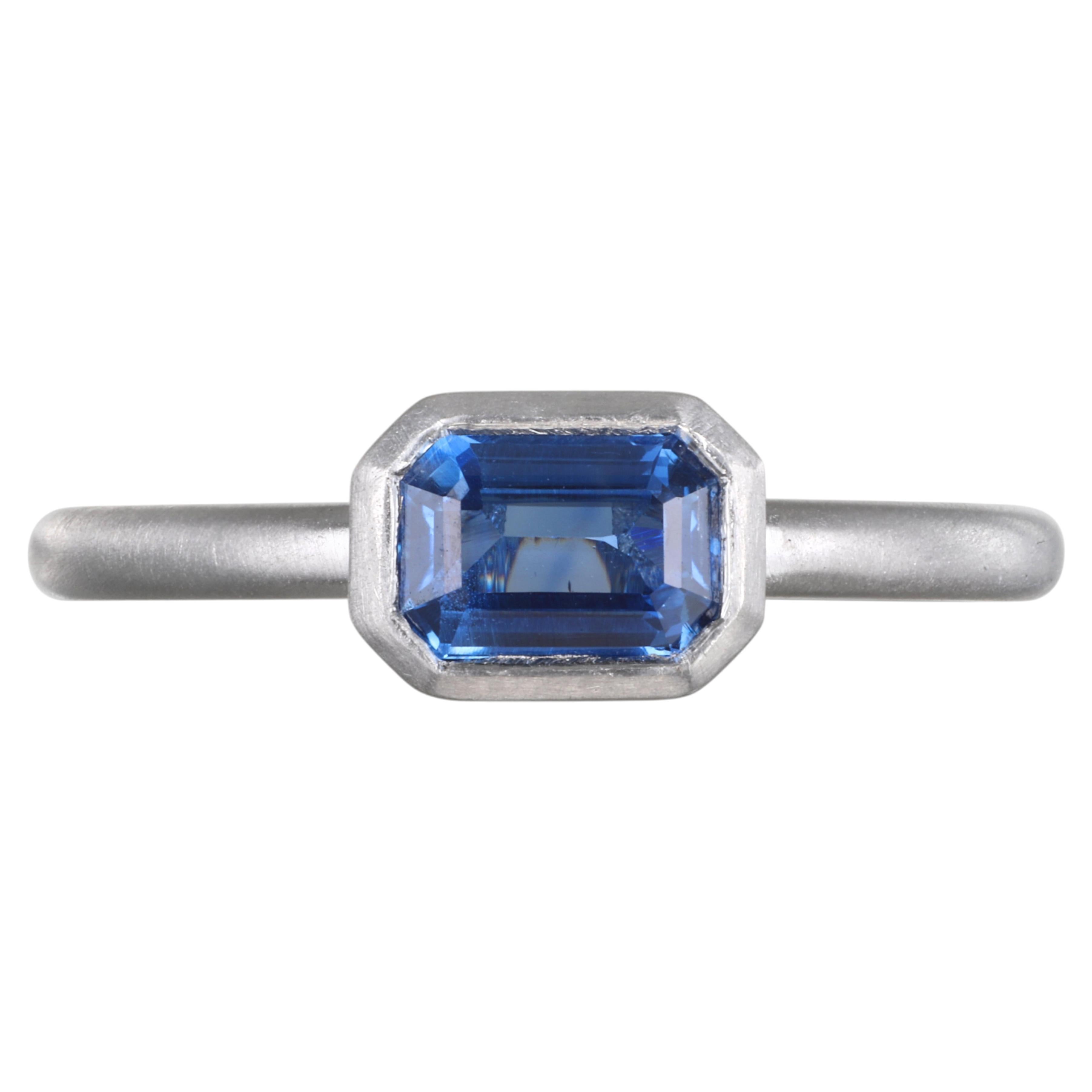 Faye Kim Platinum .86 Carat Ceylon Sapphire Emerald Cut Bezel Ring, Size 6.75