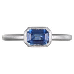 Faye Kim Platinum .86 Carat Ceylon Sapphire Emerald Cut Bezel Ring, Size 6.75