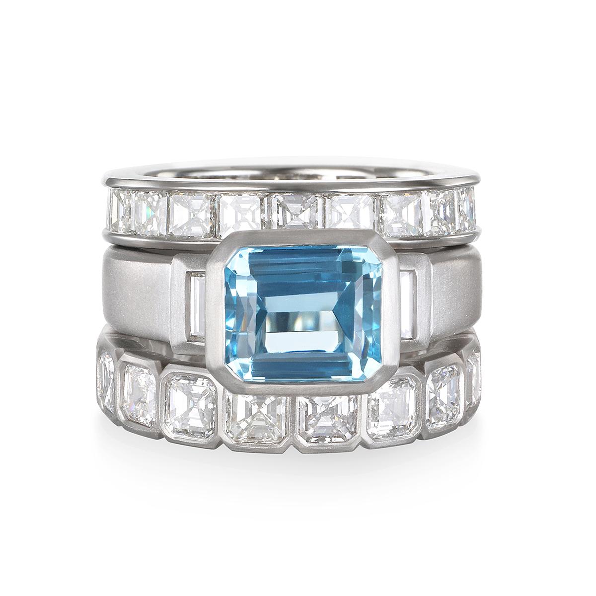Contemporary Faye Kim Platinum Aquamarine Diamond 3-Stone Ring For Sale