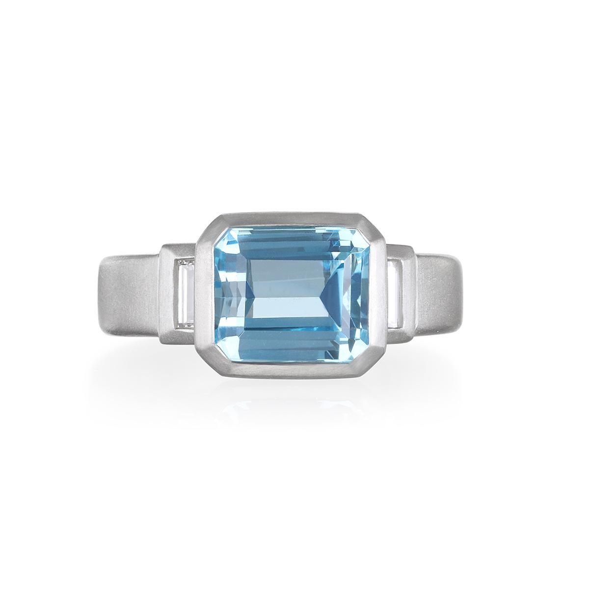Square Cut Faye Kim Platinum Aquamarine Diamond 3-Stone Ring For Sale