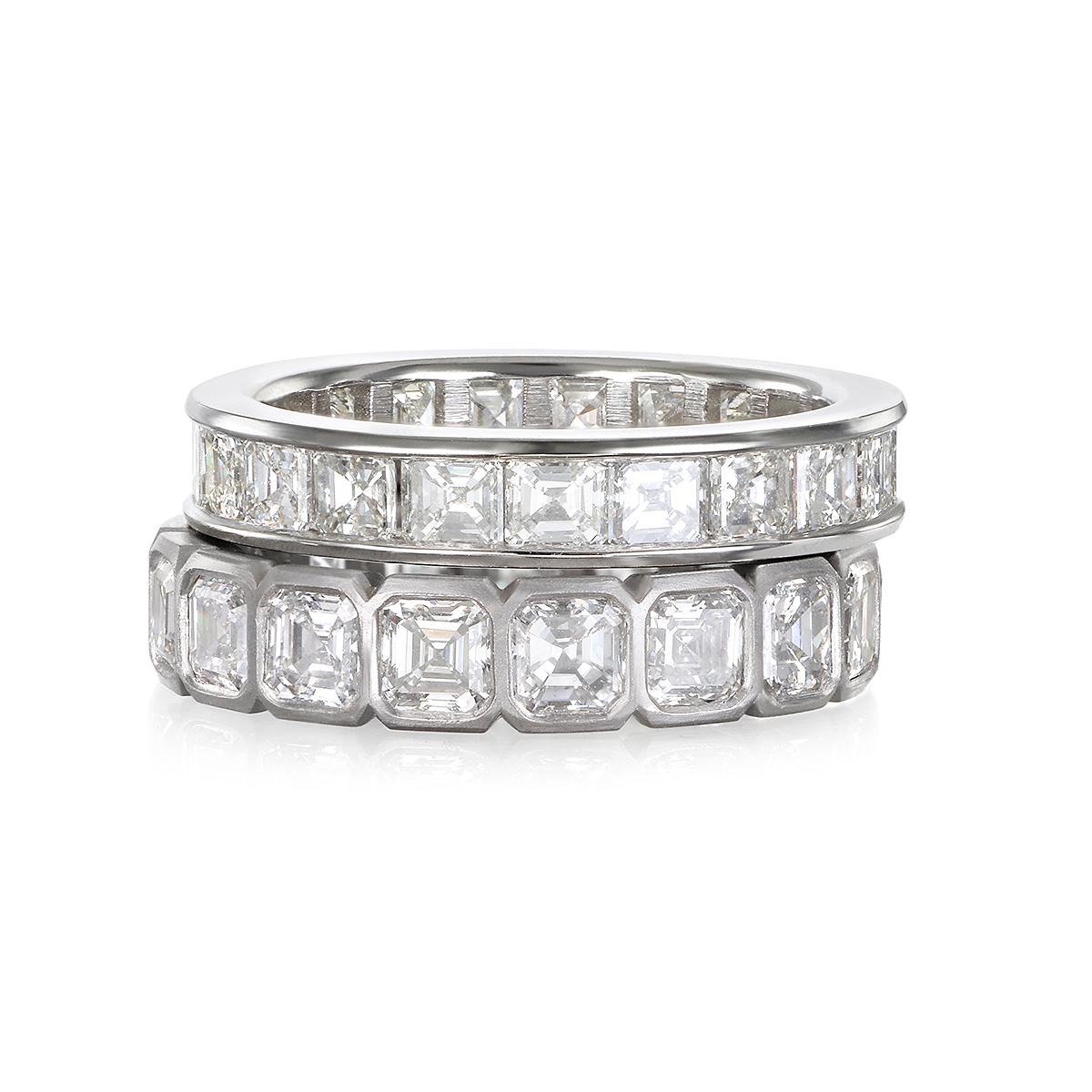 Faye Kim's Platinum Asscher Diamond Eternity Ring is both timeless and modern, with its bezel-set square cut diamonds that feature large step facets and high crowns, producing a spectacular brilliance. This ring, with its elegant and contemporary