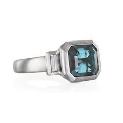 Faye Kim Platinum Blue Green Tourmaline and Diamond Baguette Ring