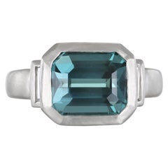 Faye Kim Platinum Blue Green Tourmaline and Diamond Baguette Ring