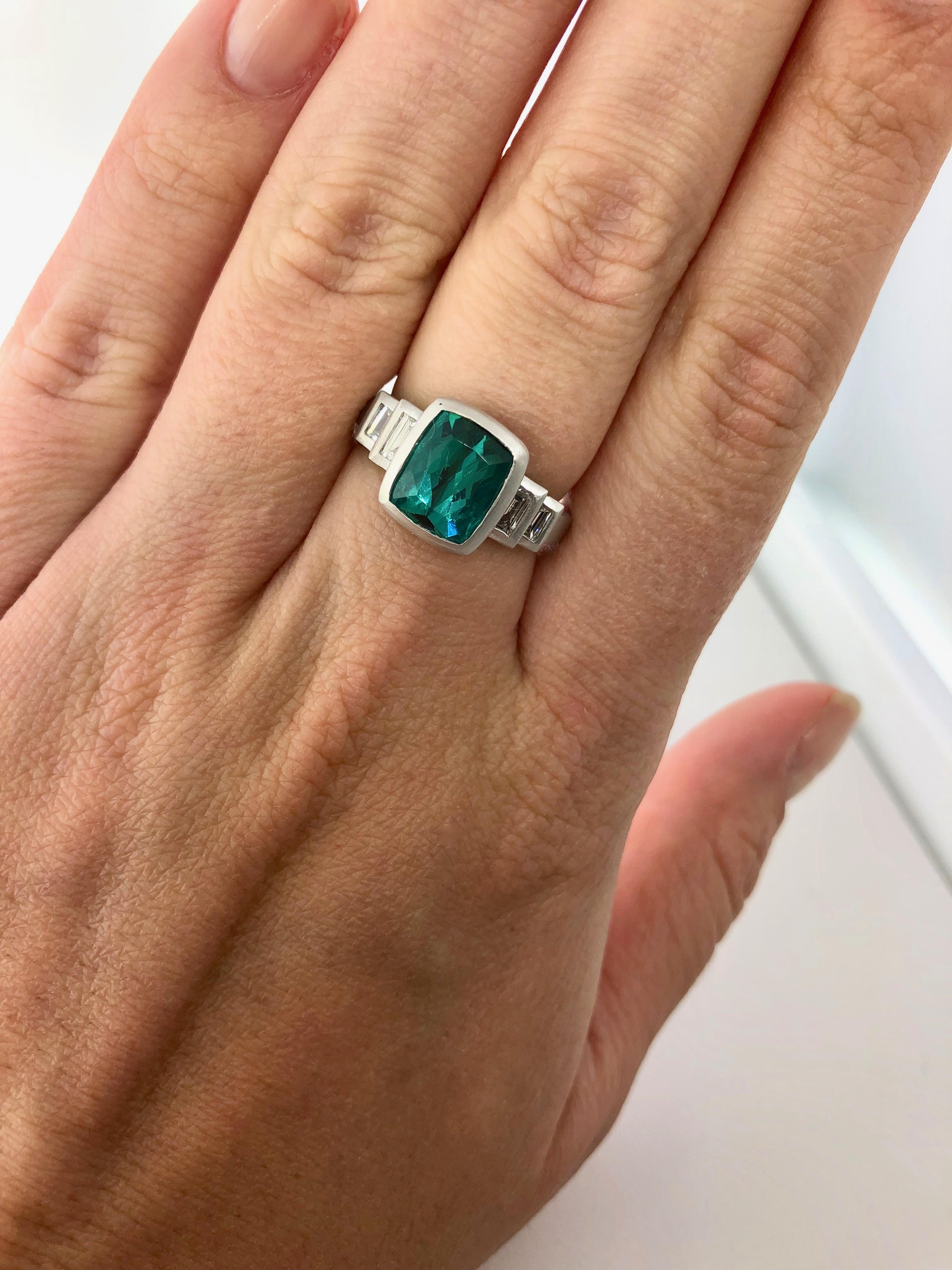 Faye Kim Platinum Blue-Green Tourmaline Ring with Diamond Baguettes 1