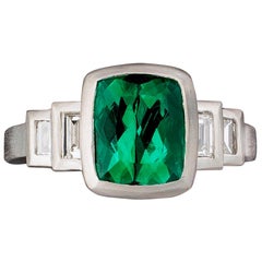 Faye Kim Platinum Blue-Green Tourmaline Ring with Diamond Baguettes