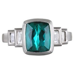 Faye Kim Platinum Blue-Green Tourmaline Ring with Diamond Baguettes