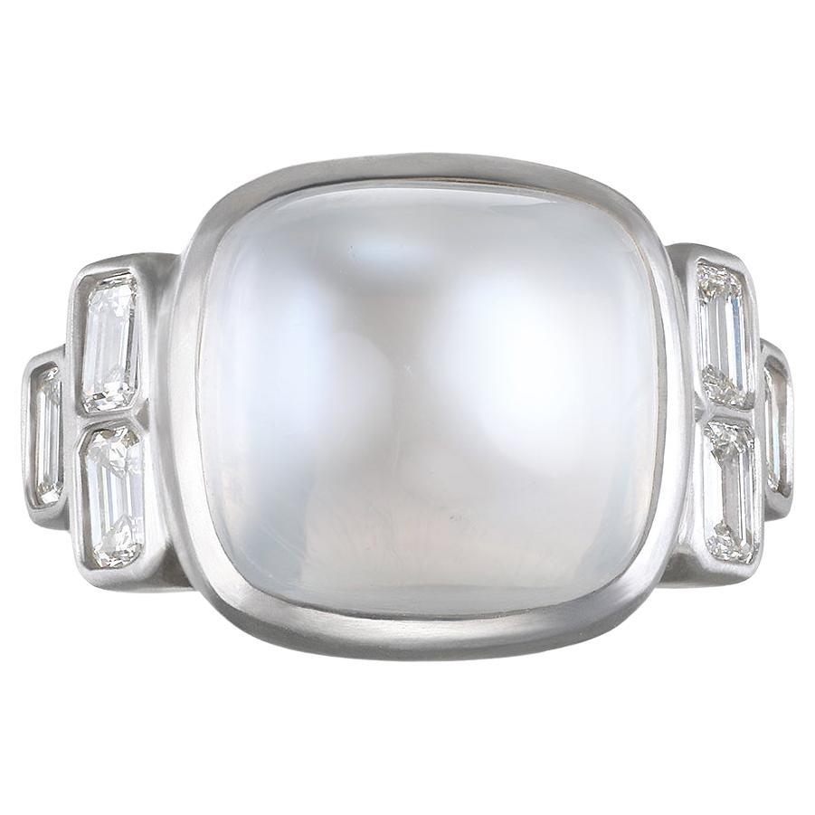 Faye Kim Platinum Burmese Moonstone Diamond Ring For Sale