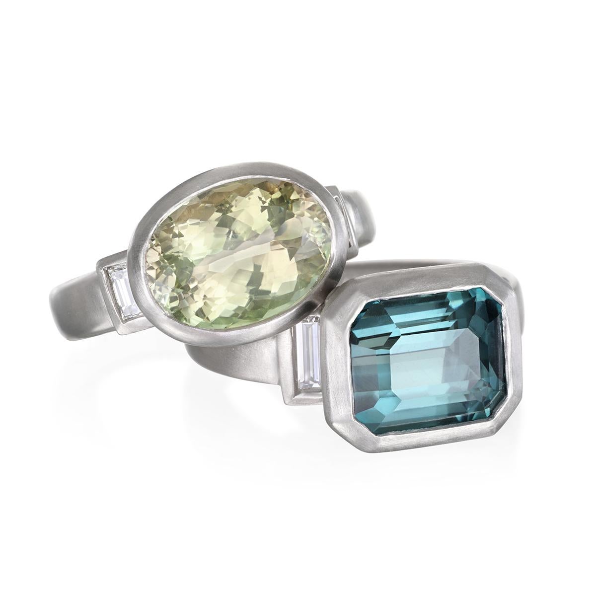 A unique shade of yellow-green. This oval faceted Celery Tourmaline is set with 2 diamond baguettes. 
Bright and sleek in a matte-finished platinum setting,  this ring is a stunning, one-of-a-kind statement piece.

Celery Tourmaline: 5.31