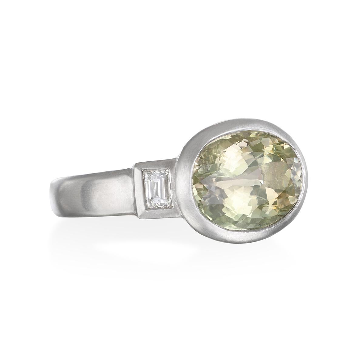 Contemporary Faye Kim Platinum Celery Tourmaline and Diamond Baguette Ring For Sale