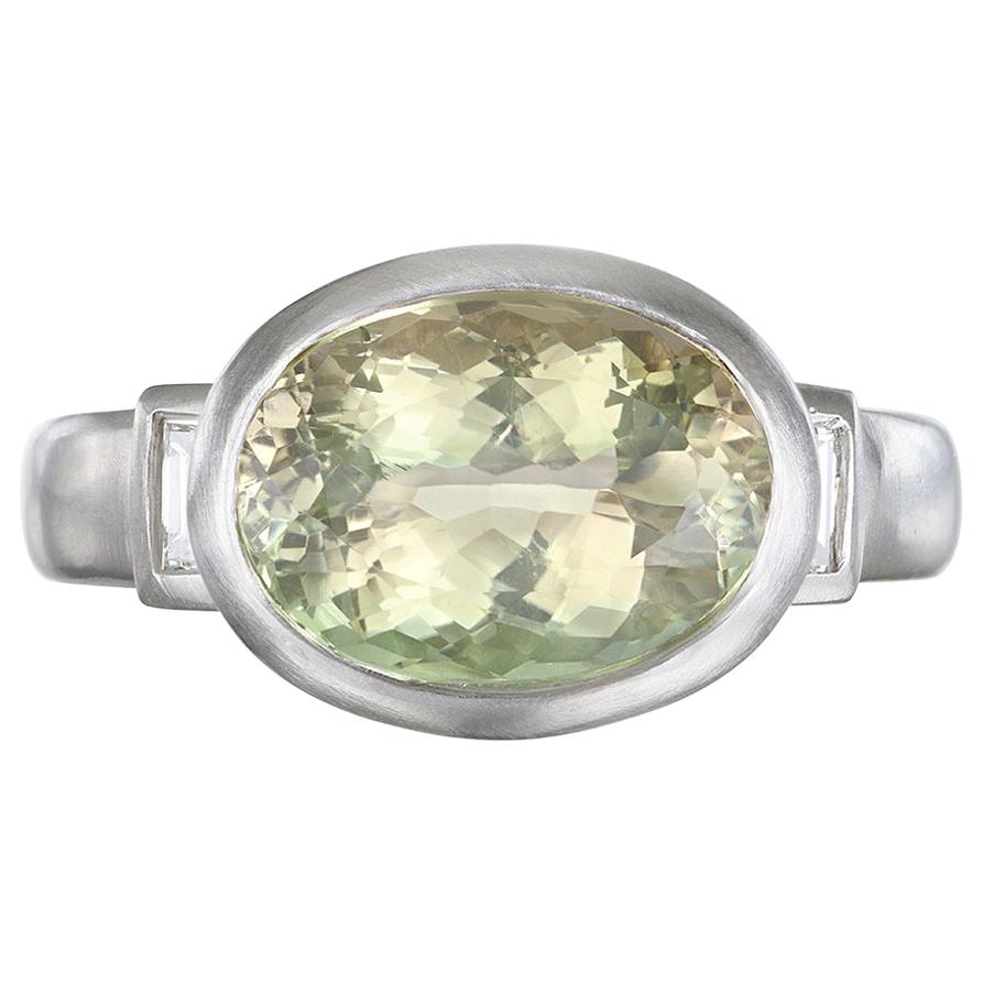 Faye Kim Platinum Celery Tourmaline and Diamond Baguette Ring For Sale