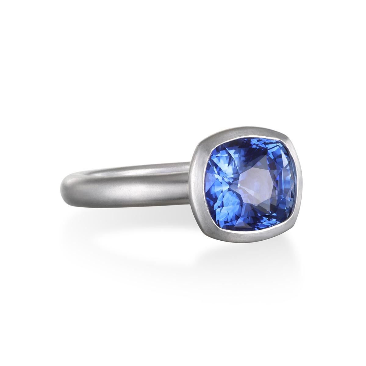 Faye Kim's Platinum Ceylon Sapphire Cushion Ring, with its bright, vitreous luster, is beautifully bezel set and matte finished. 

Sapphire 4.33 carats
Size 6.5, can be sized

Ring shown with similar Platinum Ceylon Sapphire rings and Ceylon