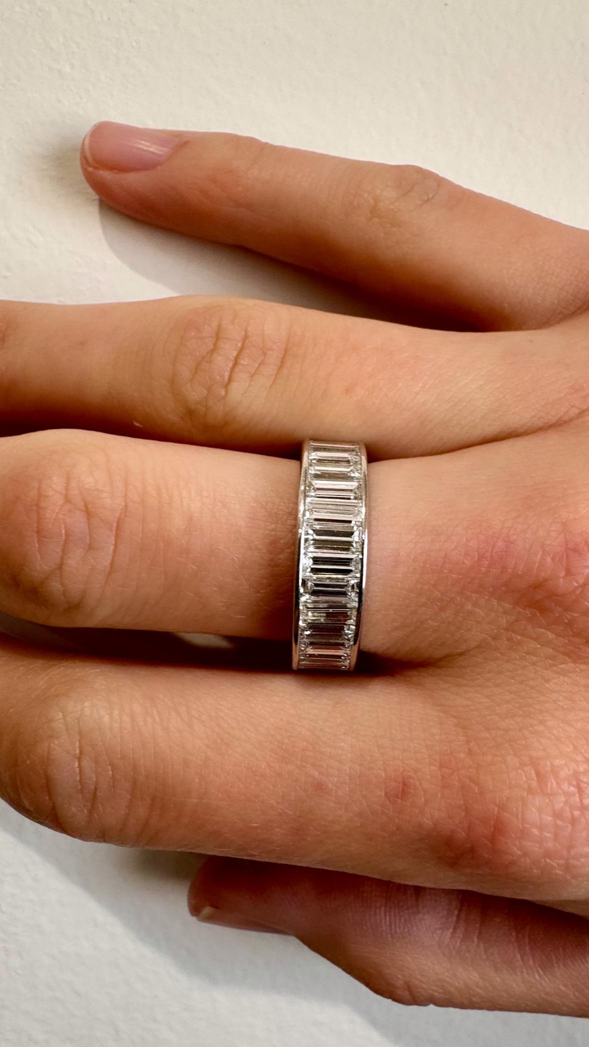 Women's or Men's Faye Kim Platinum Diamond Baguette Ring For Sale