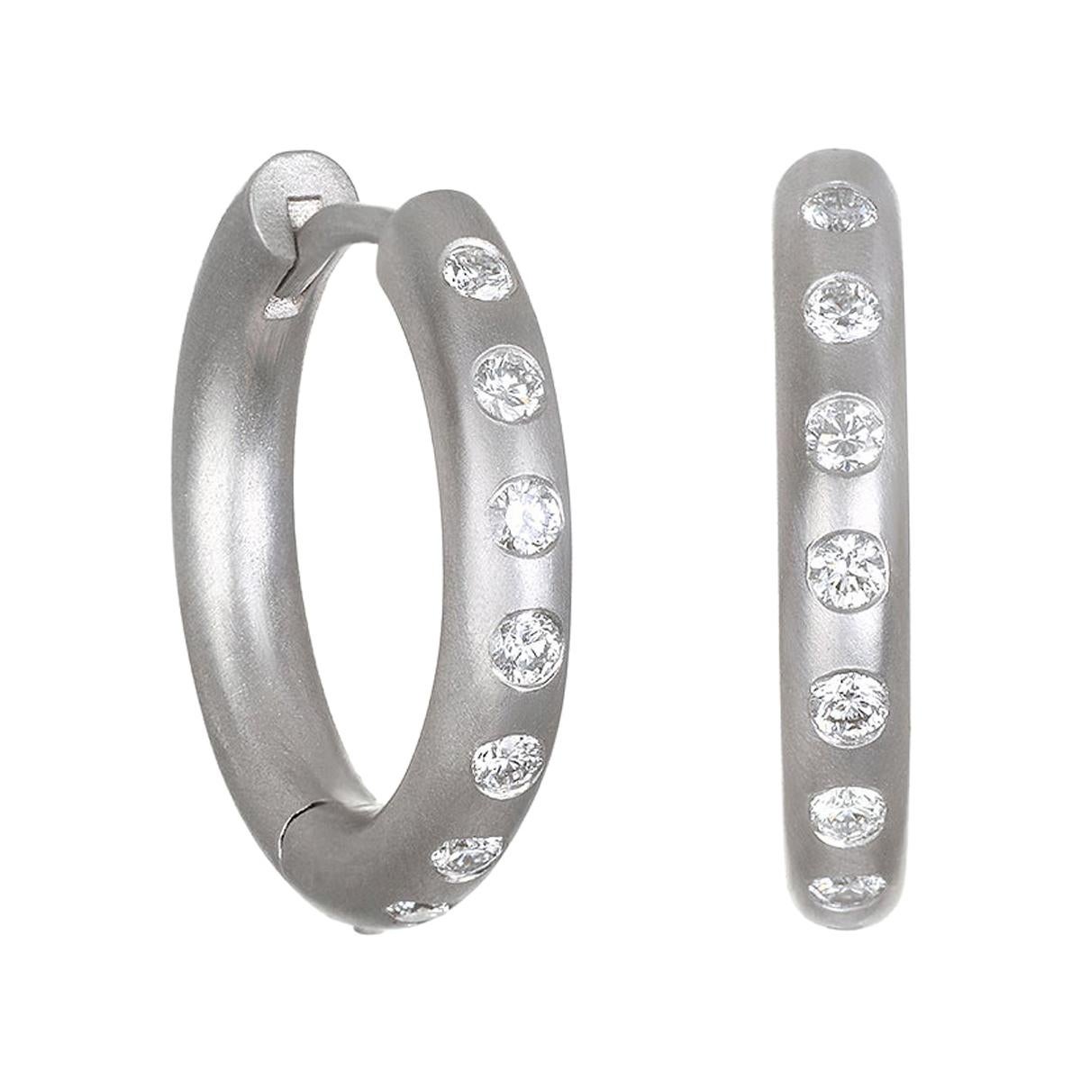 Faye Kim Platinum Diamond Burnished Hoops For Sale