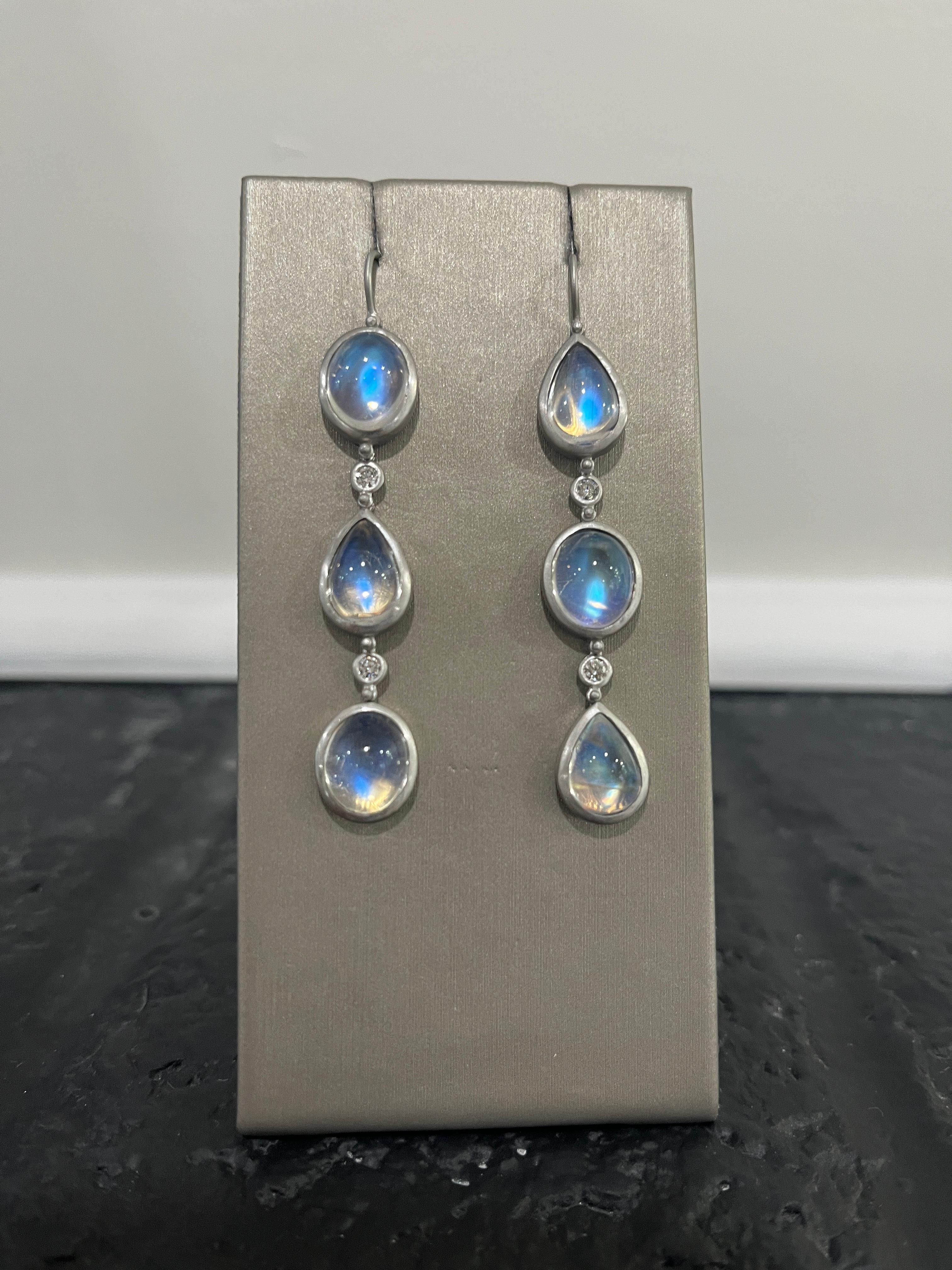 Contemporary Faye Kim Platinum Diamond Ceylon Moonstone Line Earrings For Sale