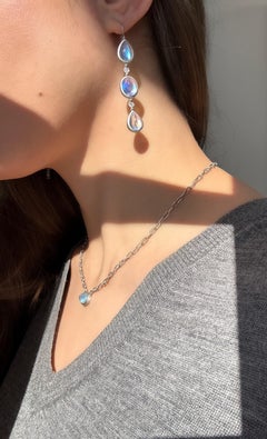 Faye Kim Platinum Diamond Ceylon Moonstone Line Earrings