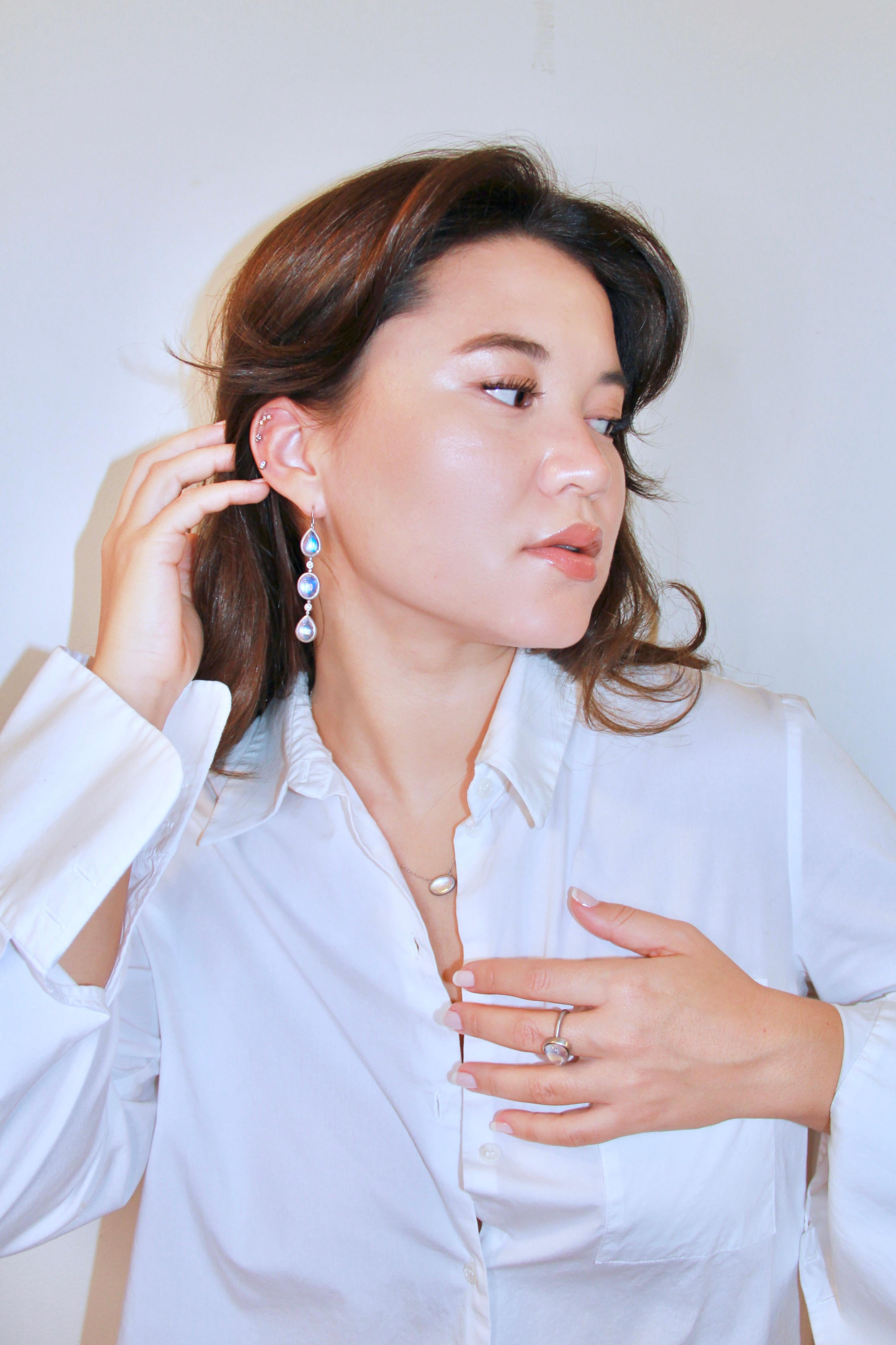 Women's Faye Kim Platinum Diamond Ceylon Moonstone Line Earrings For Sale
