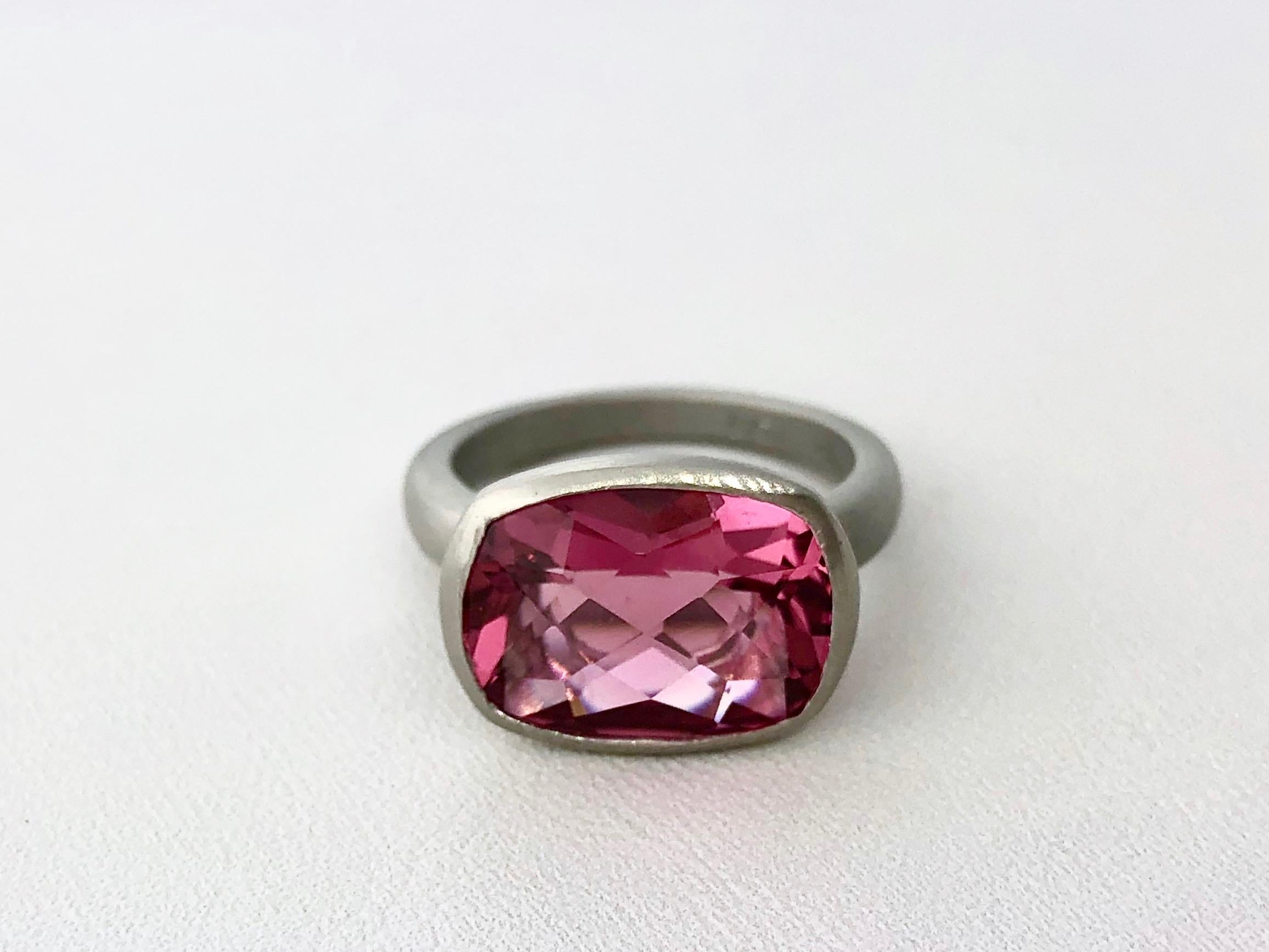 Cushion Cut Faye Kim Platinum Faceted 6.0 Carat Rectangular Pink Tourmaline Ring