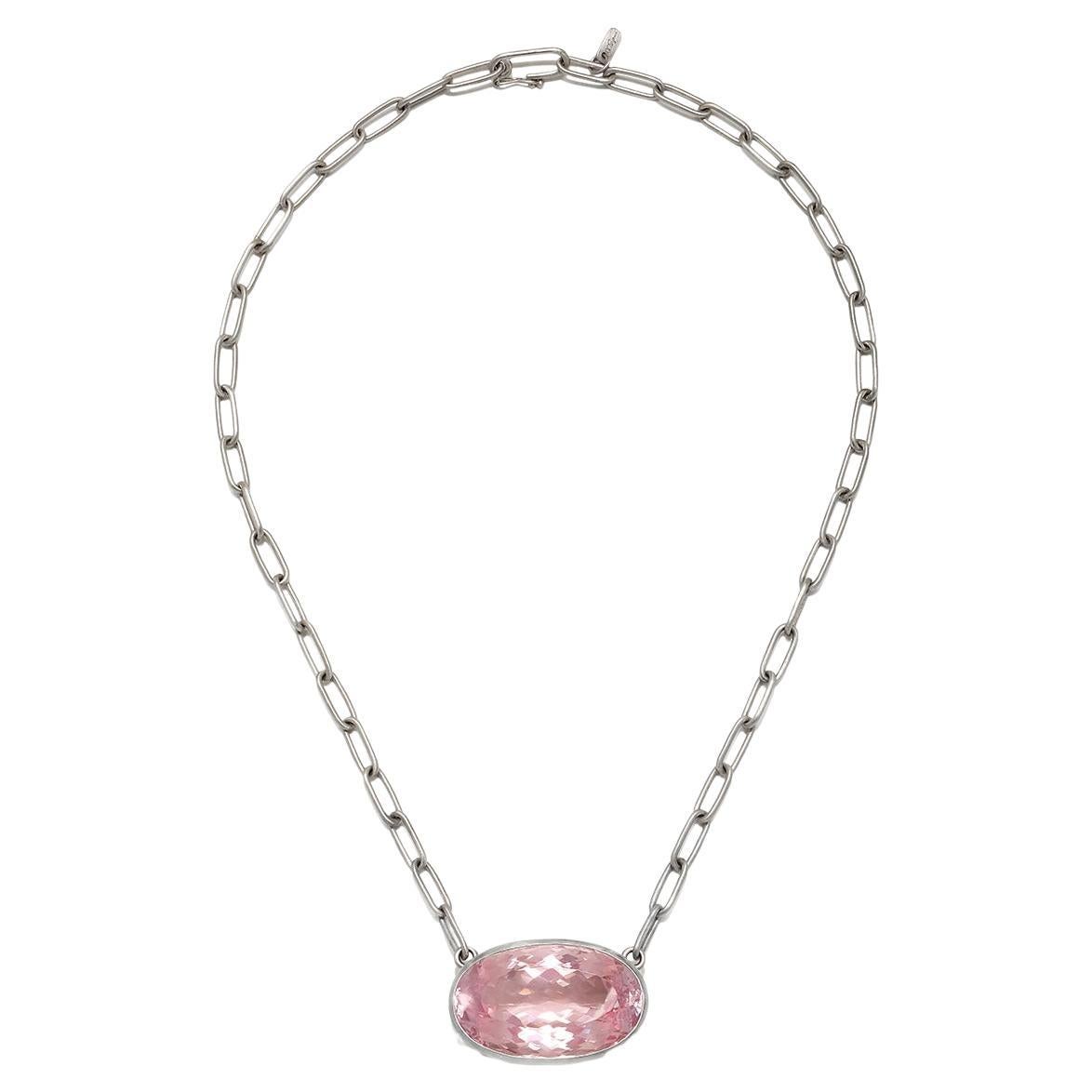 Faye Kim Platinum Faceted Oval Kunzite Paperclip Chain Necklace - 77.98 carats For Sale