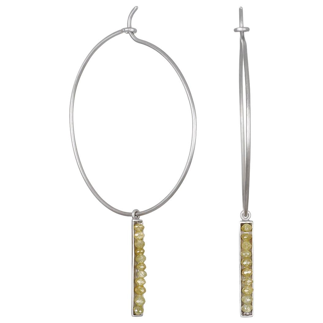 Faye Kim Platinum Hoop Earrings with Yellow Raw Diamond Bar Drops