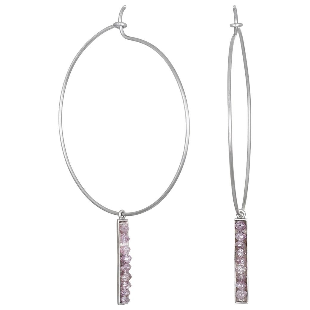 Faye Kim Platinum Hoop Earrings with Platinum Milky Purple Diamond Bar Drops  For Sale