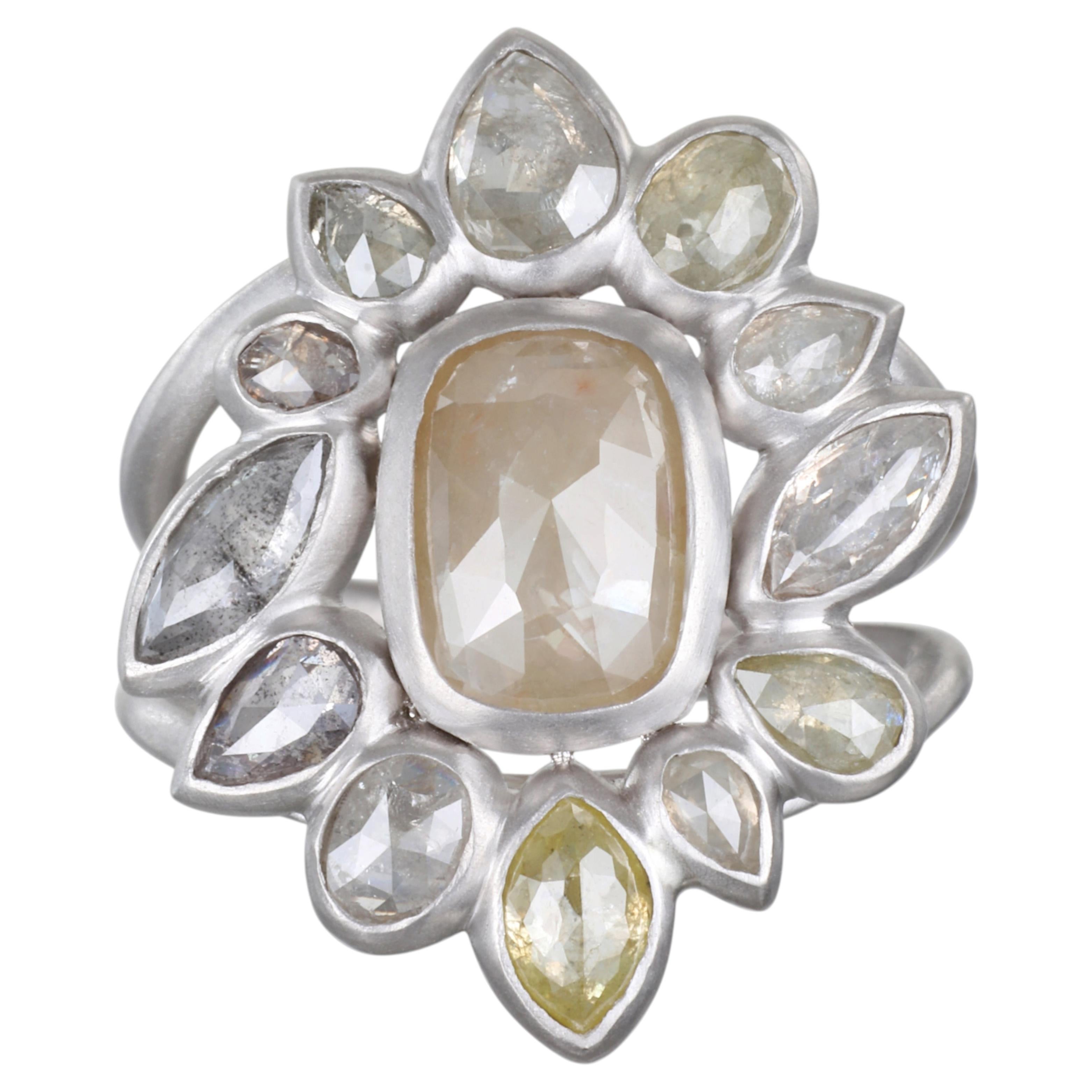 Faye Kim Platinum Milky Diamond Daisy Cocktail Ring, 5.75 ctw, size 8.75 For Sale