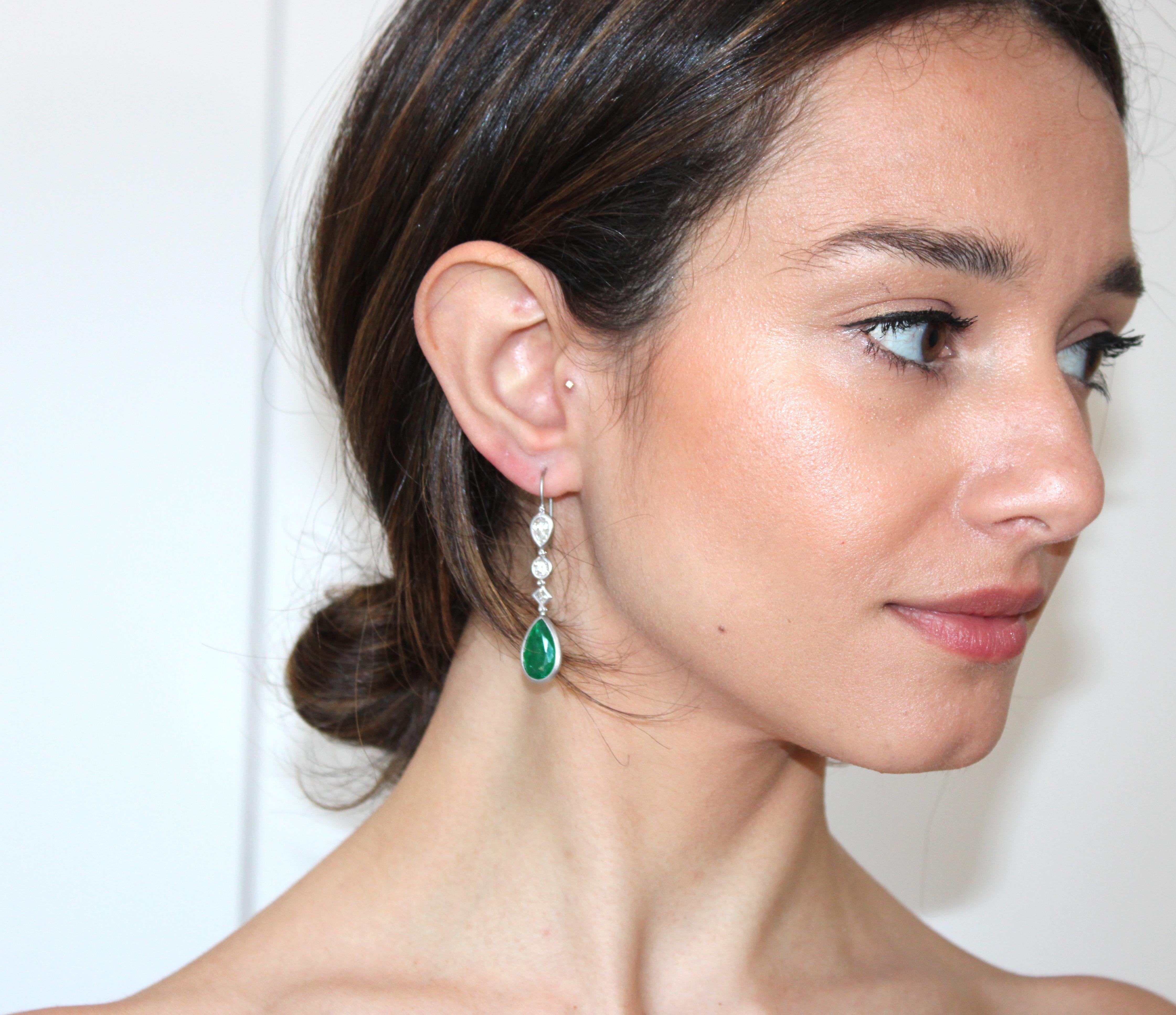 Pear Cut Faye Kim Platinum Pear Shape Emerald Diamond Earrings For Sale