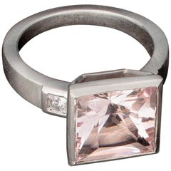 Faye Kim Platinum Princess Cut 4.20 Carat Pink Morganite Ring with Diamonds