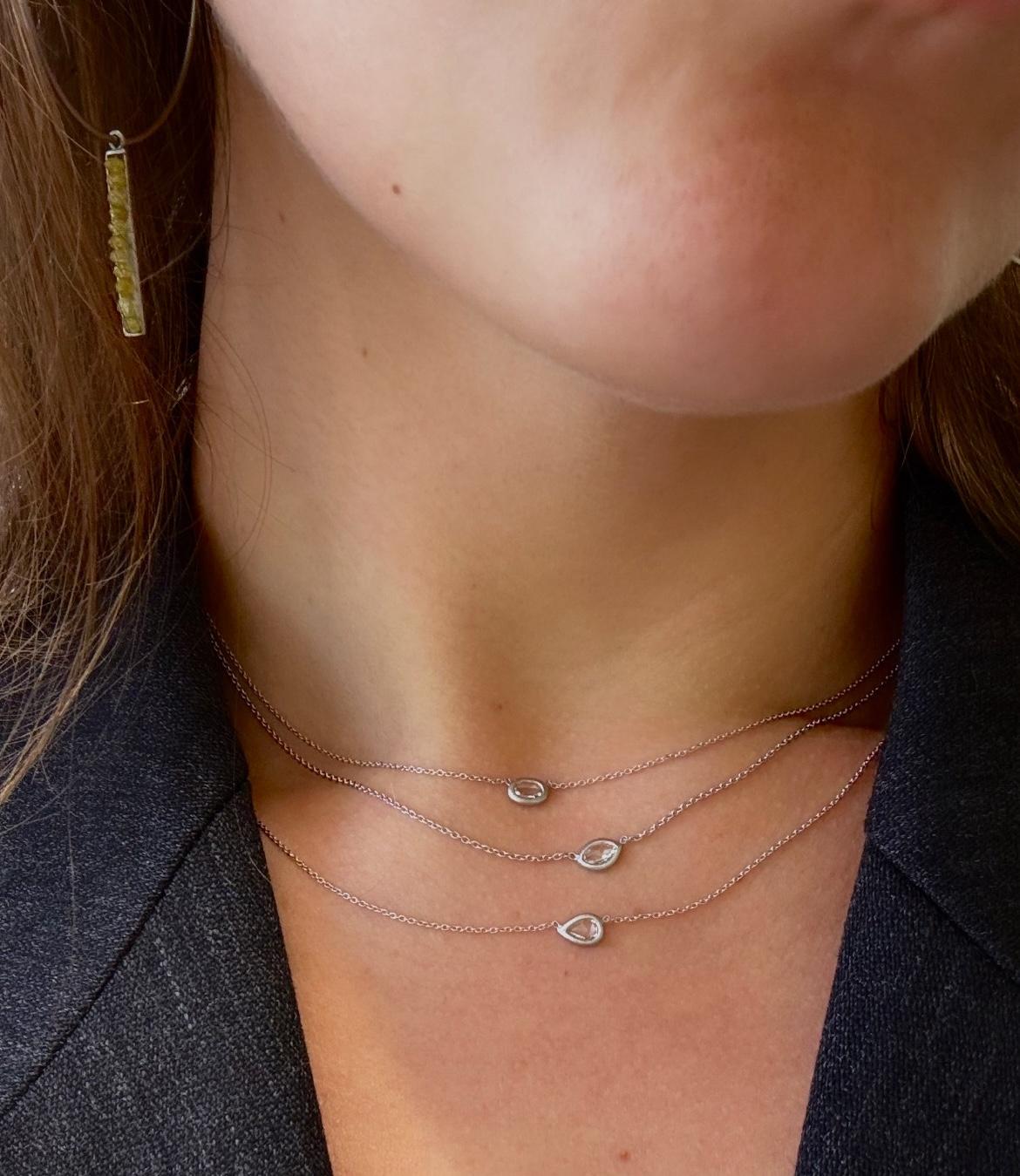 Faye Kim's classic Platinum Rose Cut Marquise Diamond Necklace on cable chain. Worn alone or layered, the look is beautiful, timeless and perfect for every day and every occasion. Sold individually.

Diamond .19 carats 
Chain 16-18