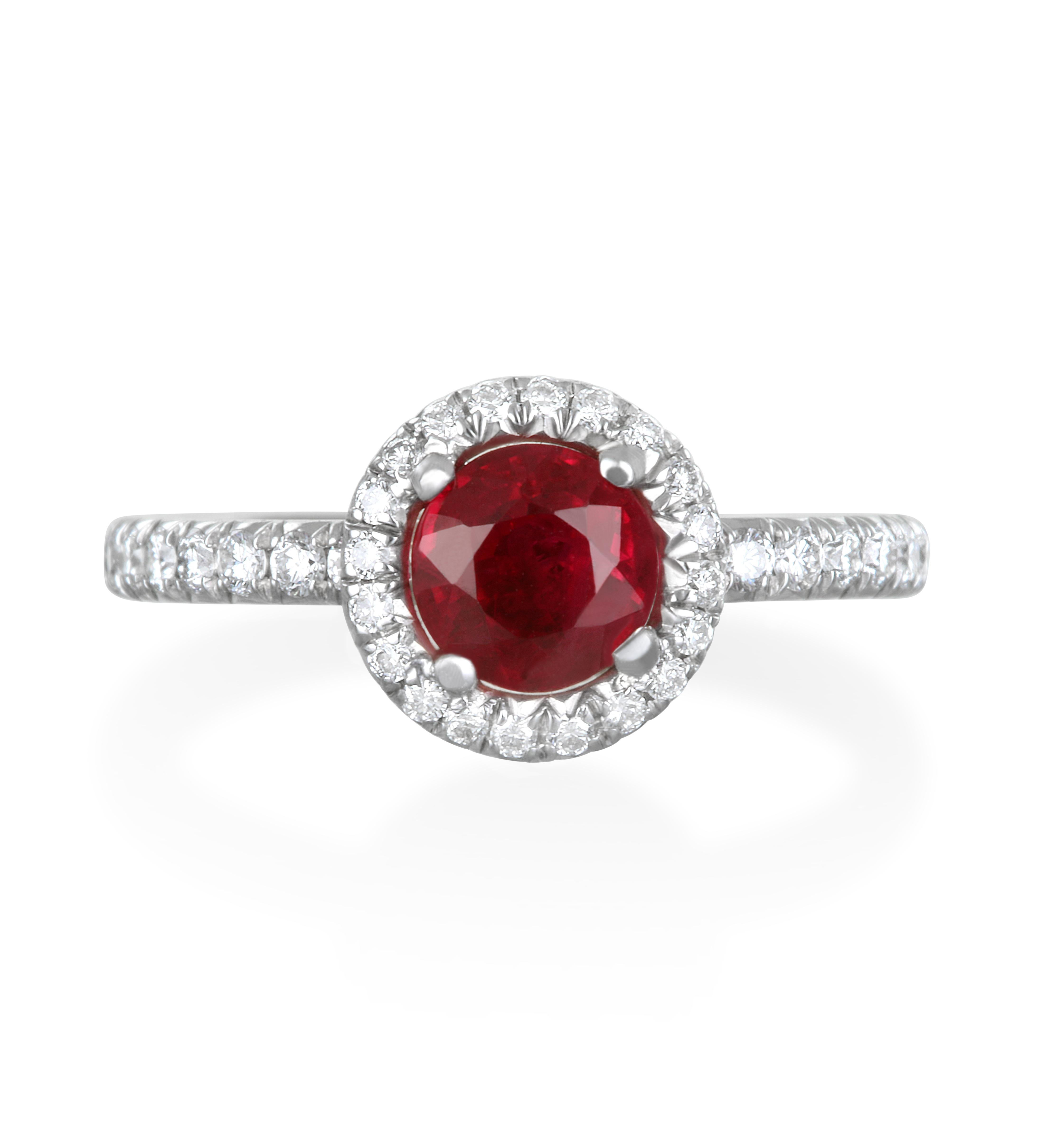 Contemporary Faye Kim Platinum Ruby and Diamond Halo Engagement Ring For Sale