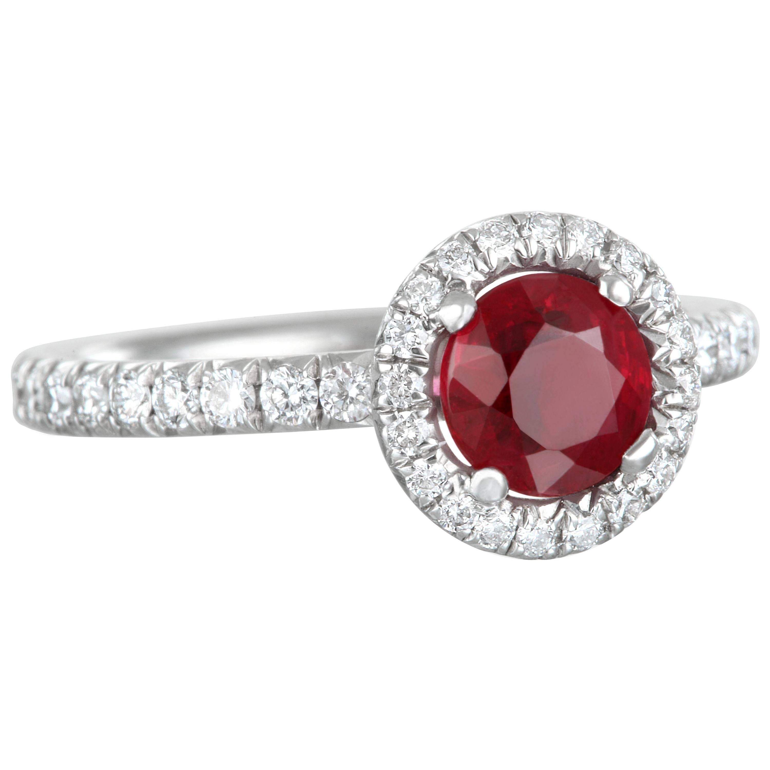 Faye Kim Platinum Ruby and Diamond Halo Engagement Ring For Sale at 1stDibs