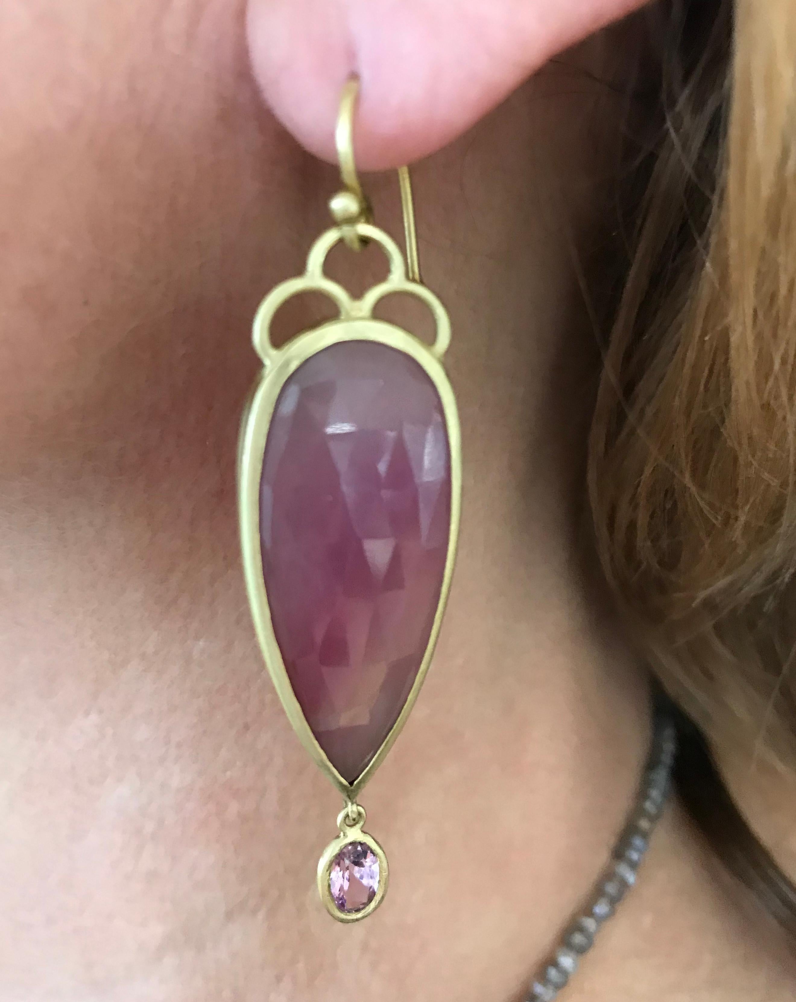 Faye Kim Rose Cut Pink Sapphire Imperial Topaz Gold Drop Earrings In New Condition In Westport, CT