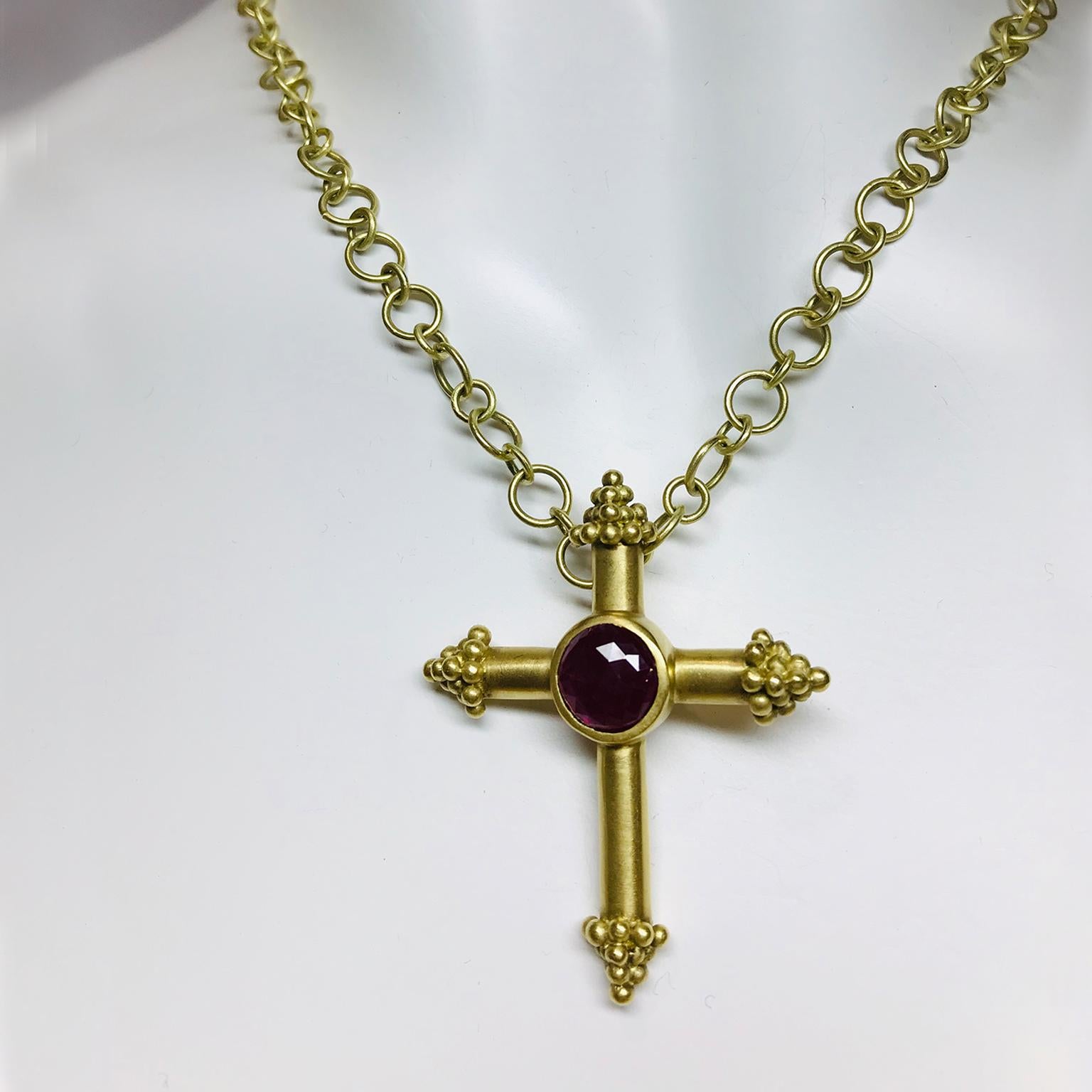 Contemporary Faye Kim 18k Gold Rosecut Ruby Cross Pendant
