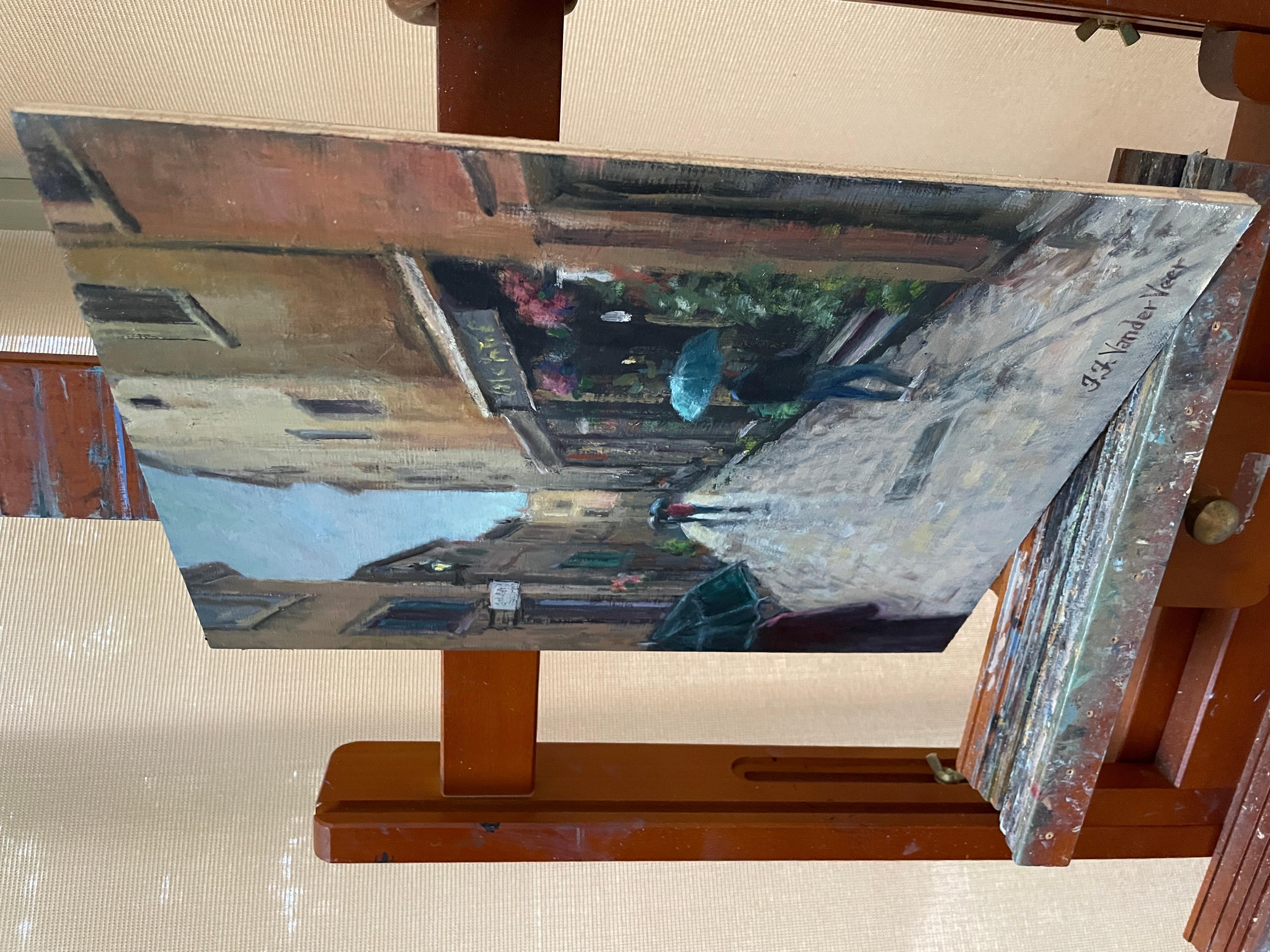 A Gentle Rain (Rovinj, Croatia), Oil Painting - Gray Interior Painting by Faye Vander Veer