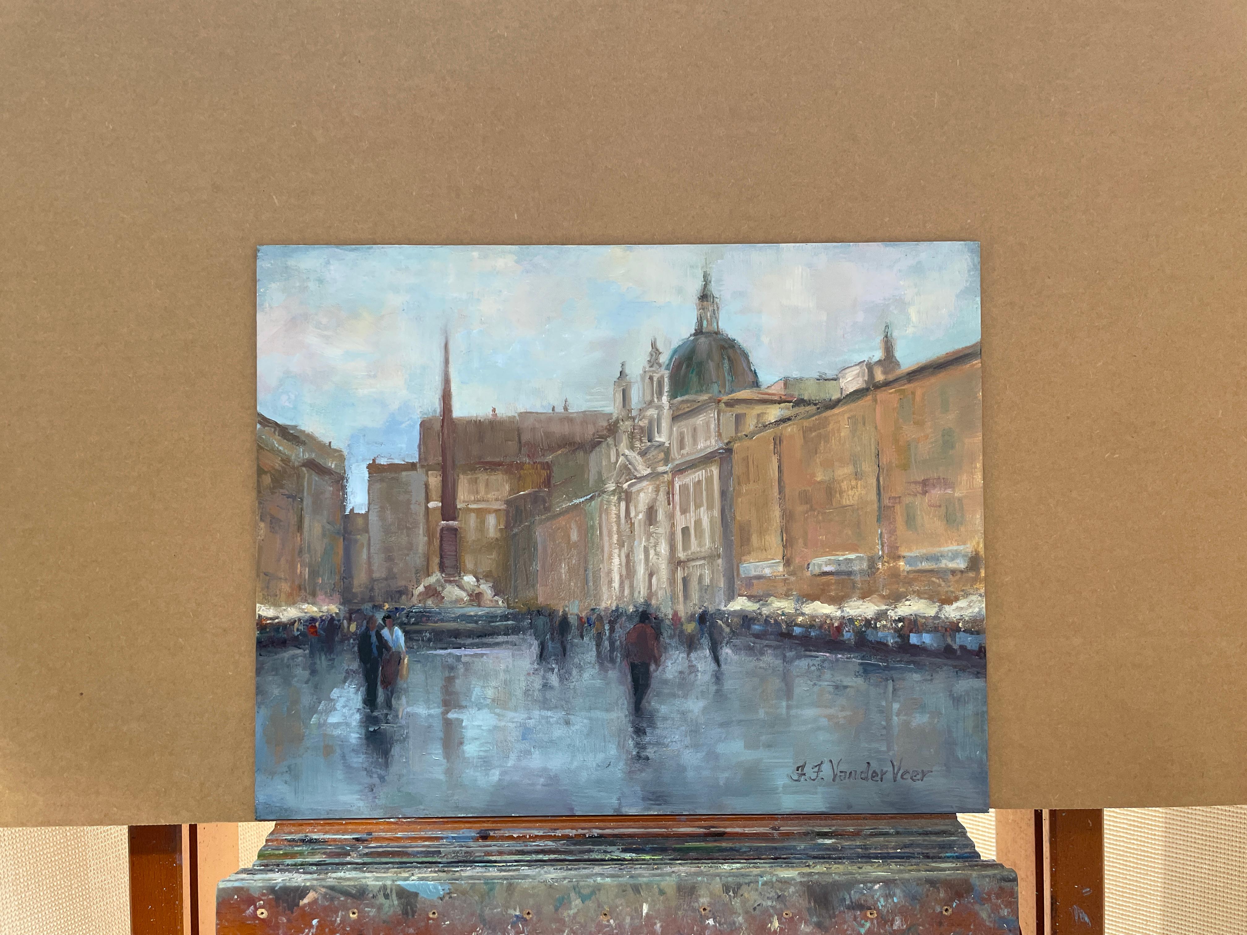 <p>Artist Comments<br>Artist Faye Vander Veer depicts an afternoon in Piazza, Navona, after a gentle rain. She balances the composition, drawing the viewer in as they move among the people, stopping at one of the cafes bordering the Piazza for a