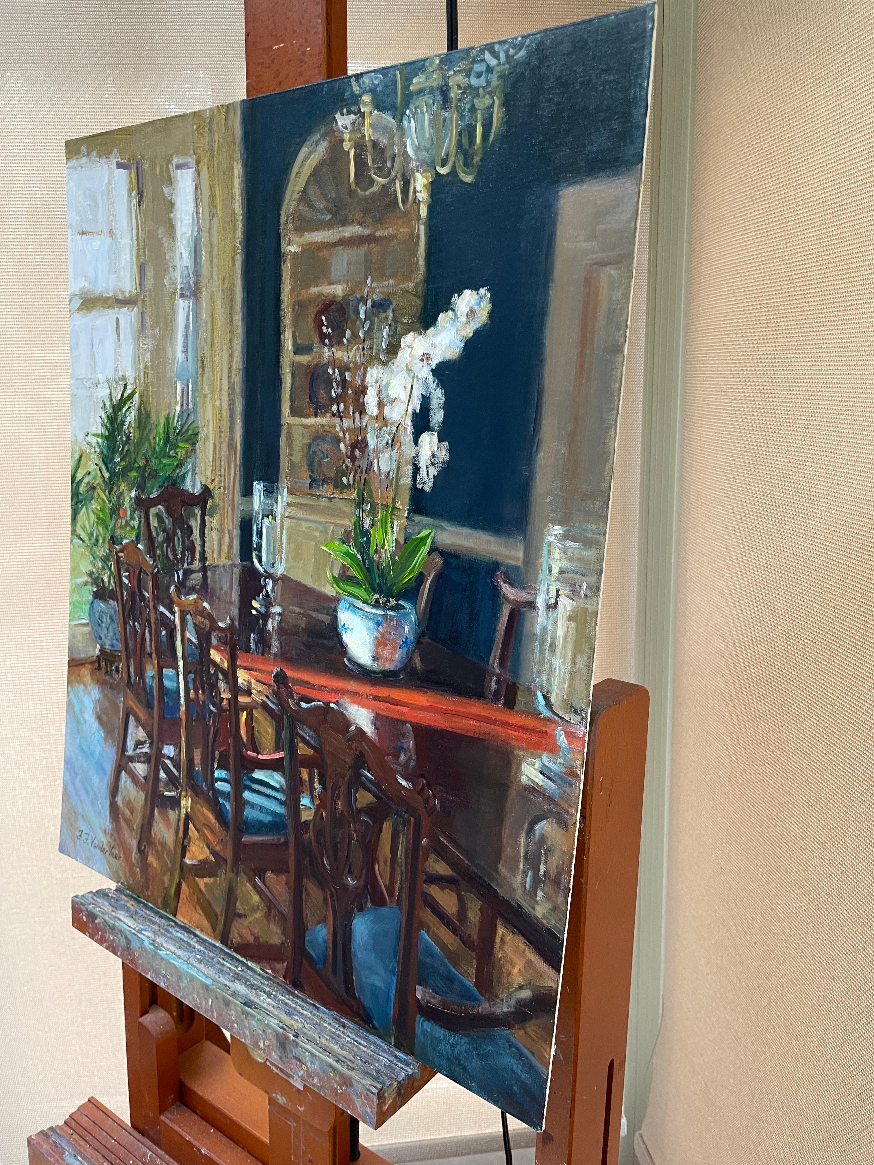 <p>Artist Comments<br>Morning sunlight covers the dining room table with a warm, amber glow. The flower arrangement of orchids and willow rests prominently on the table, with a brass chandelier hanging over it. Scraping the paint with a palette
